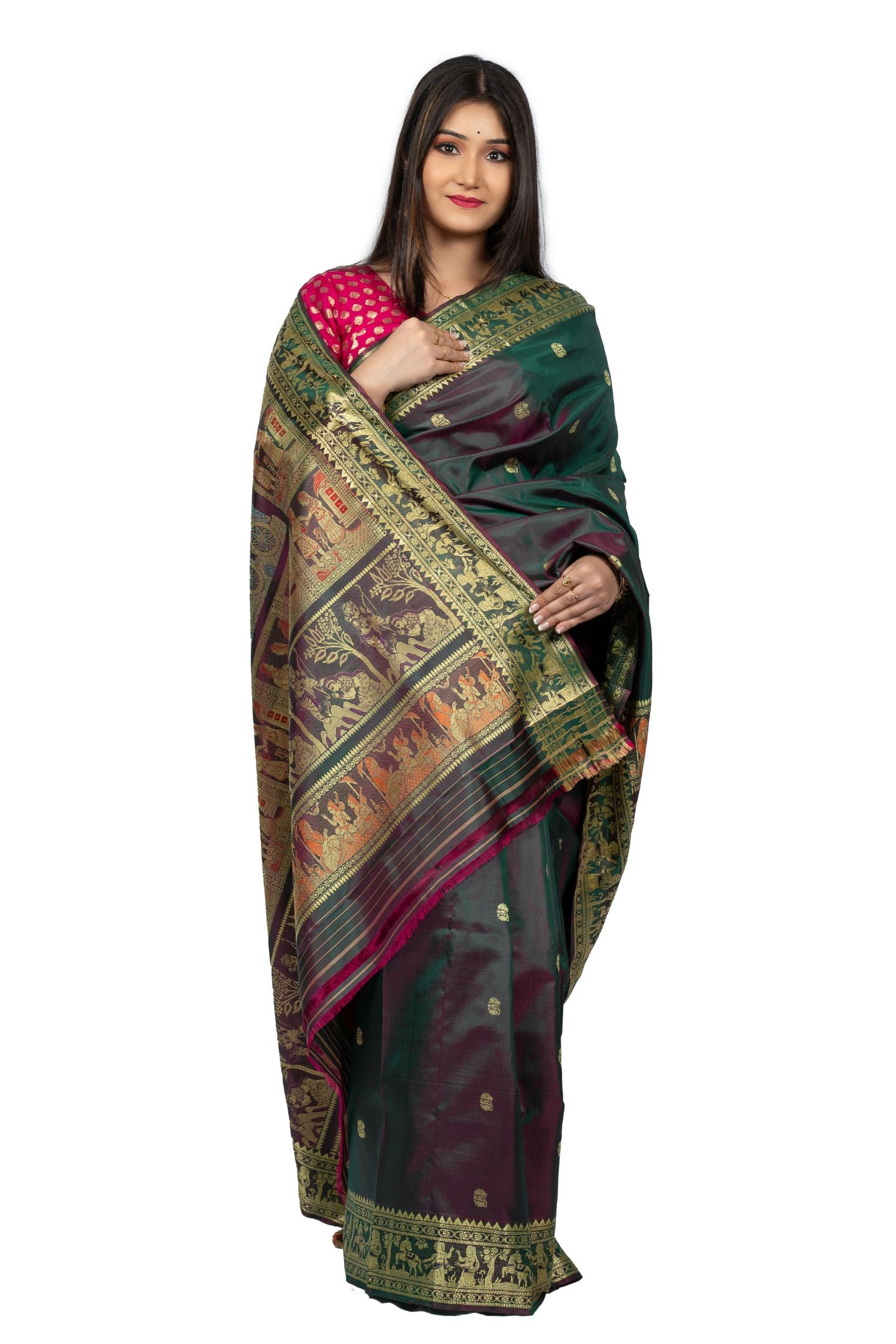 Enchanting Pastel Green Golani Buti Baluchari Saree with Gold Zari Mythological Figures and Graceful Green Hue