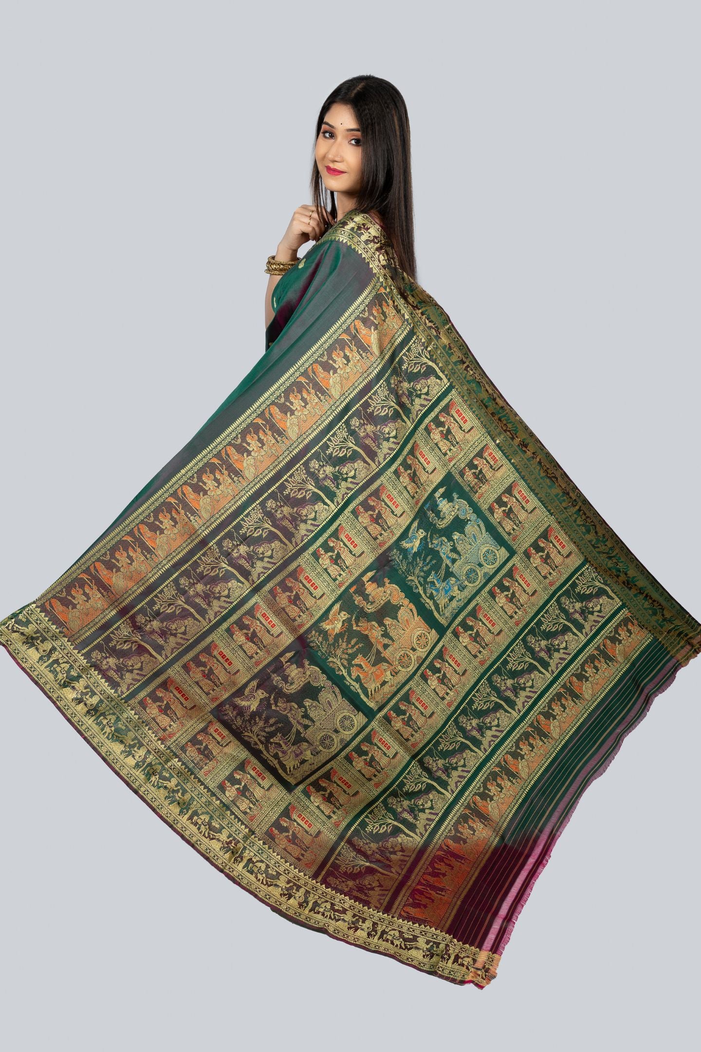 Enchanting Pastel Green Golani Buti Baluchari Saree with Gold Zari Mythological Figures and Graceful Green Hue