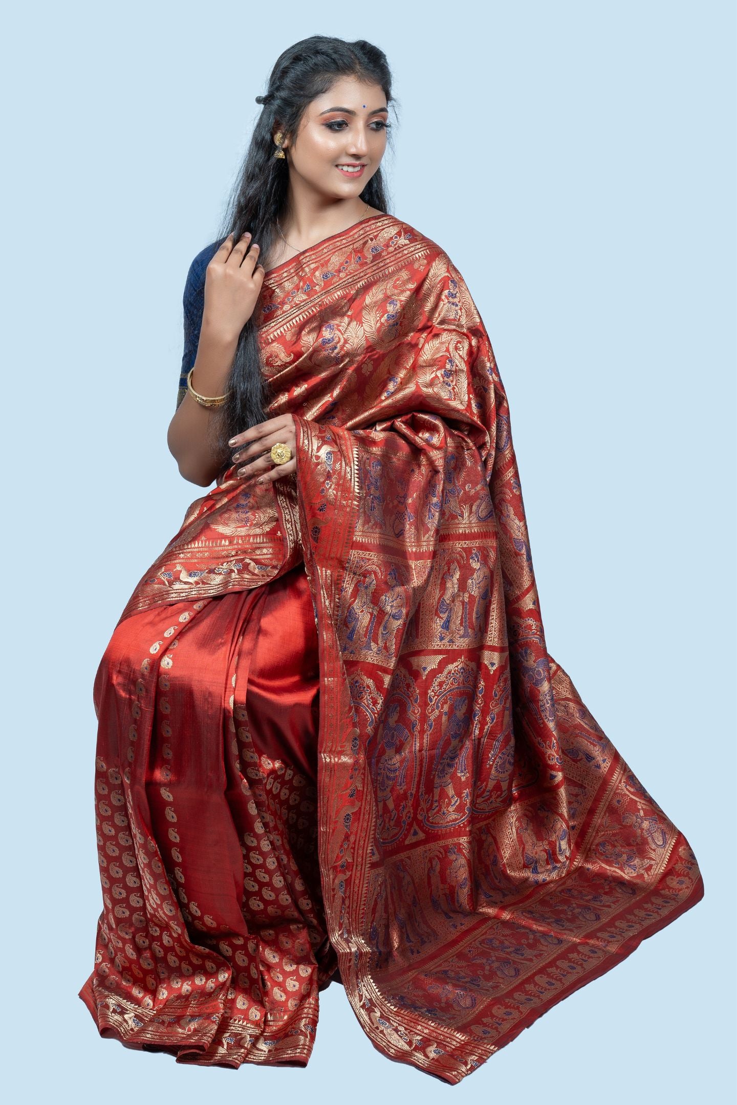 Ethereal Plum Baluchari Saree with Enchanting Mythological Figures & Gold Zari Buti Motif