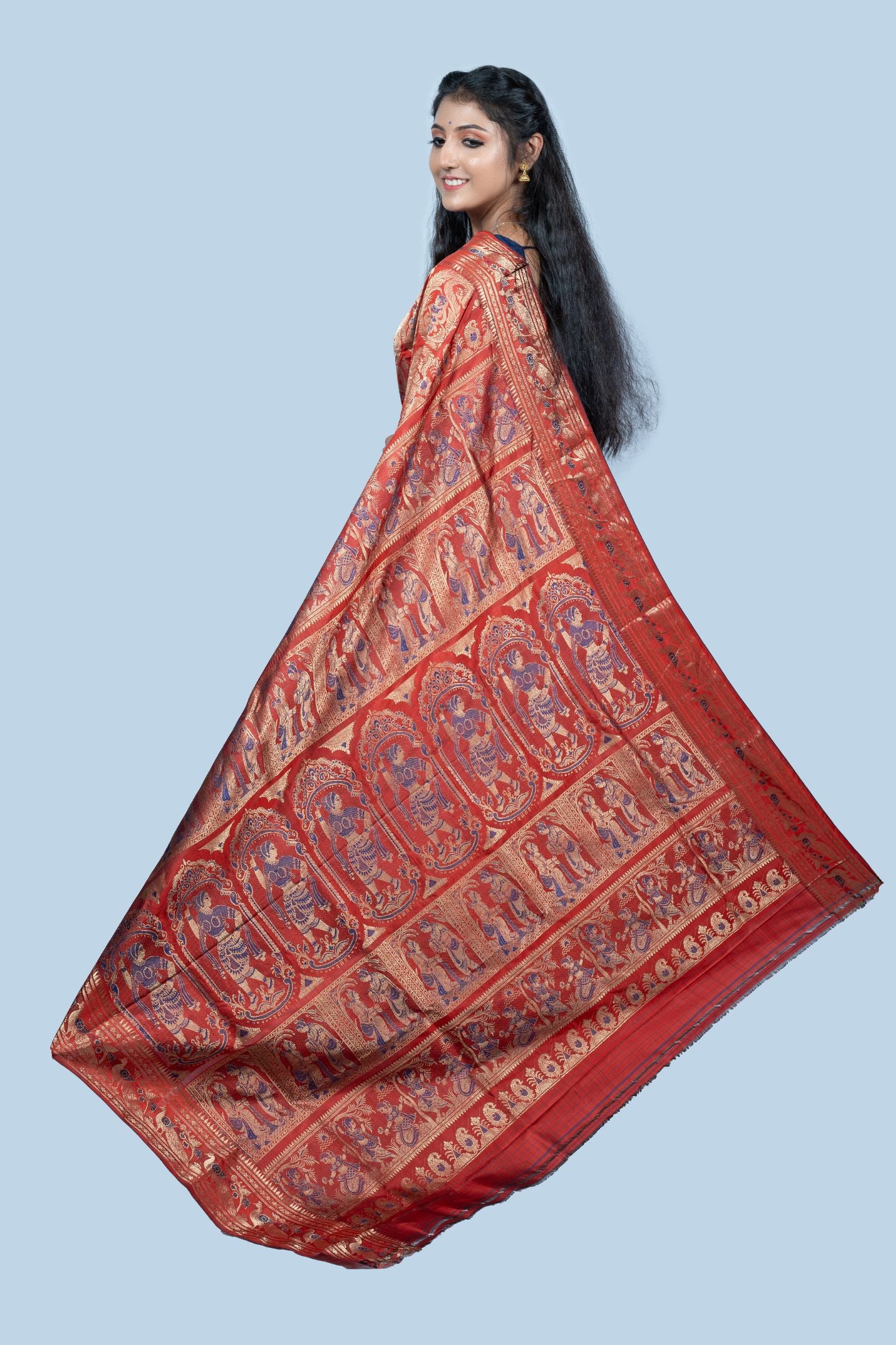 Ethereal Plum Baluchari Saree with Enchanting Mythological Figures & Gold Zari Buti Motif