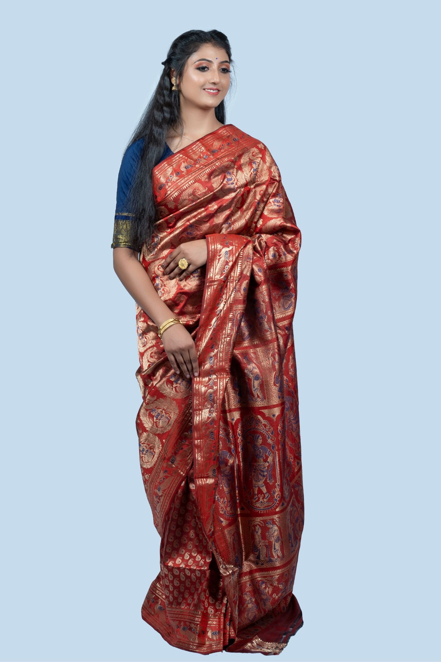 Ethereal Plum Baluchari Saree with Enchanting Mythological Figures & Gold Zari Buti Motif