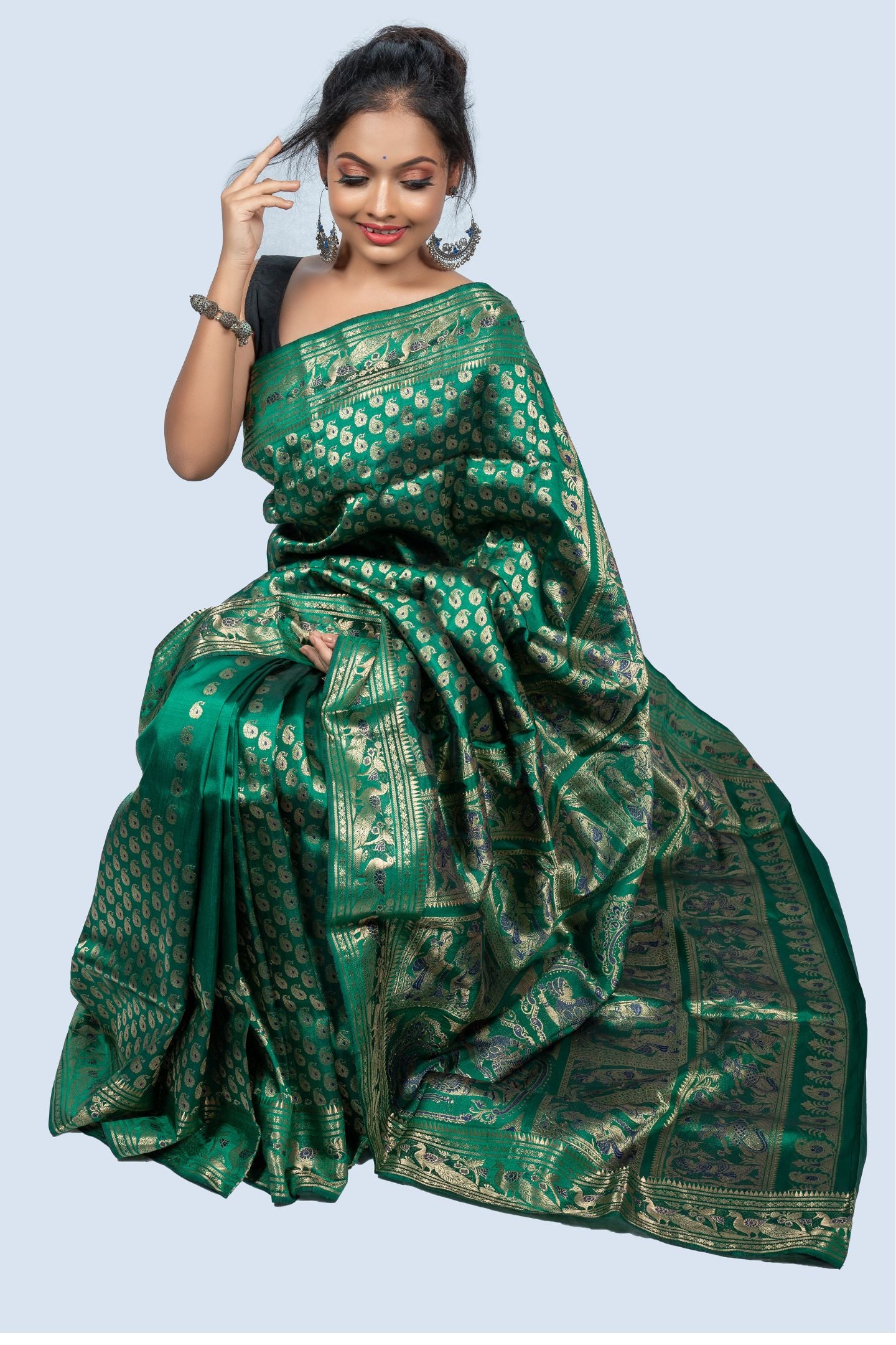 Exquisite Green Baluchari Saree with Gold Zari Buti & Mythological Motifs