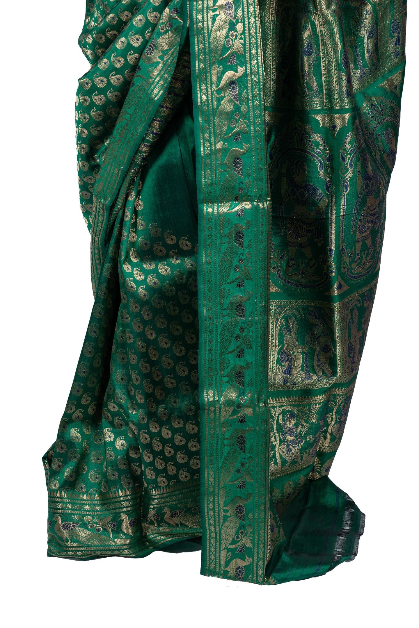 Exquisite Green Baluchari Saree with Gold Zari Buti & Mythological Motifs