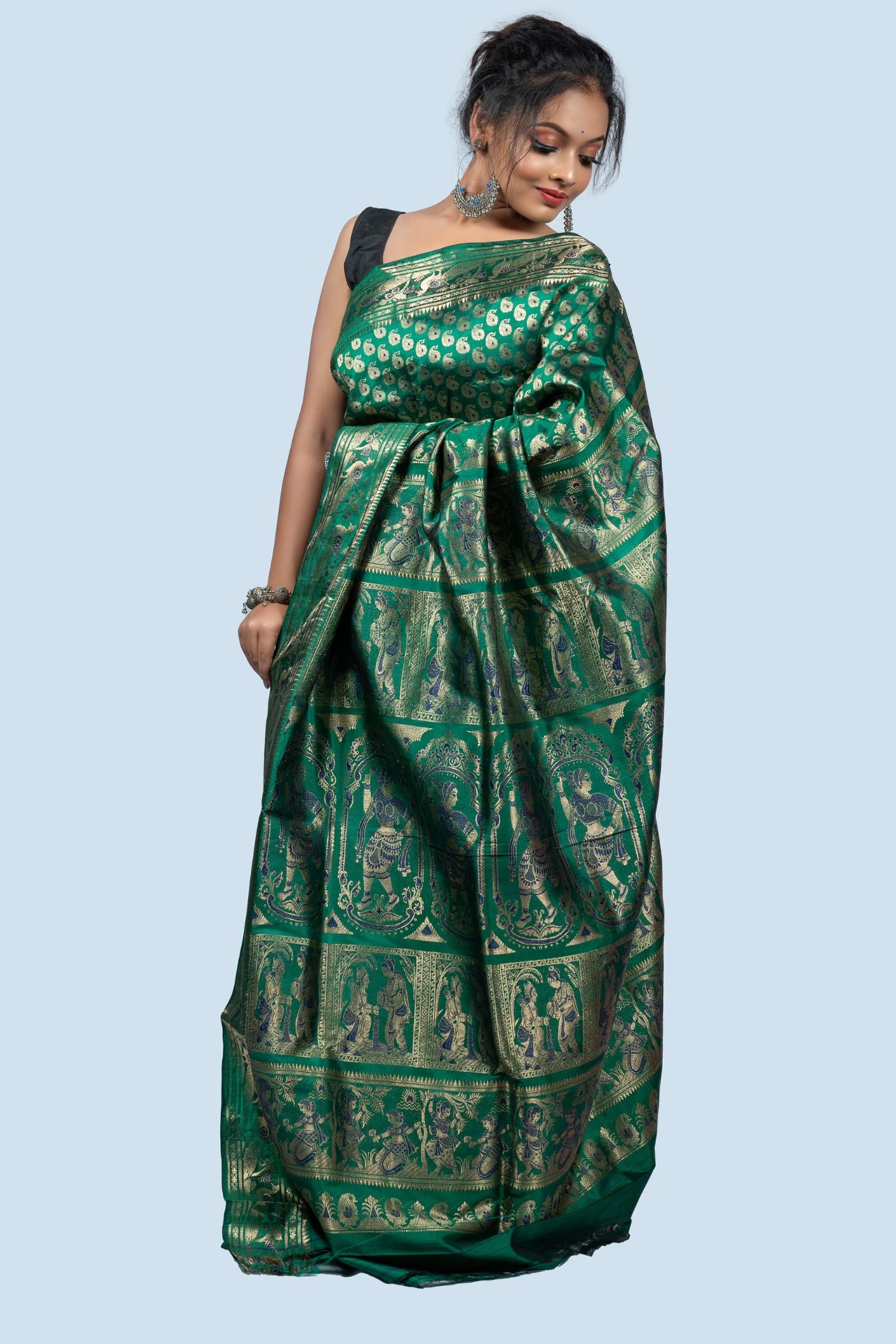 Exquisite Green Baluchari Saree with Gold Zari Buti & Mythological Motifs