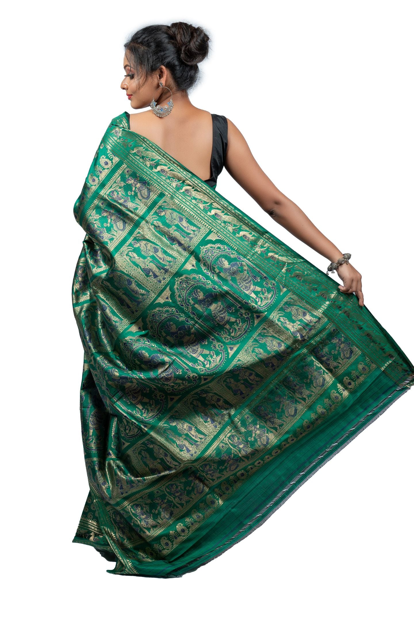 Exquisite Green Baluchari Saree with Gold Zari Buti & Mythological Motifs