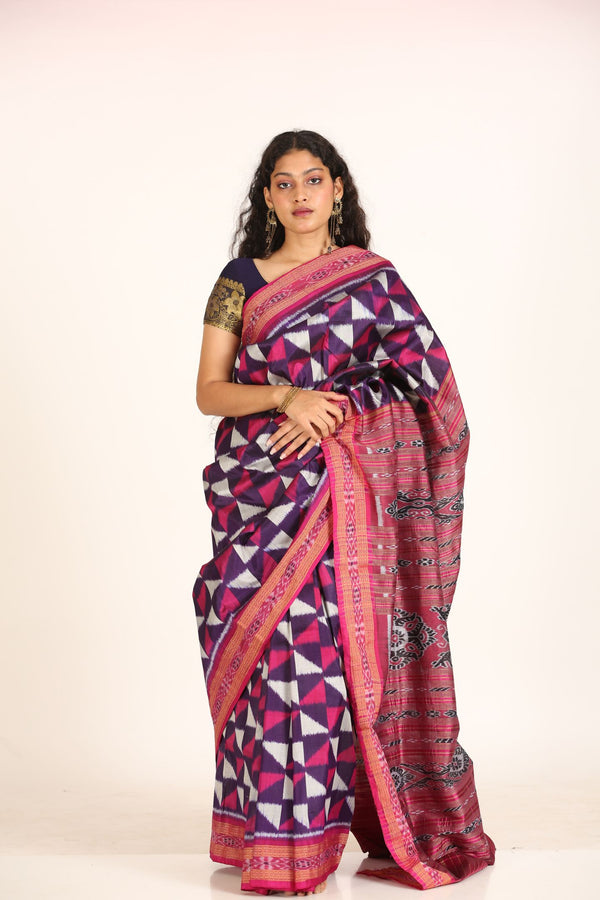 Geometric White and Pink Pattern Handloom Ikat Silk Saree