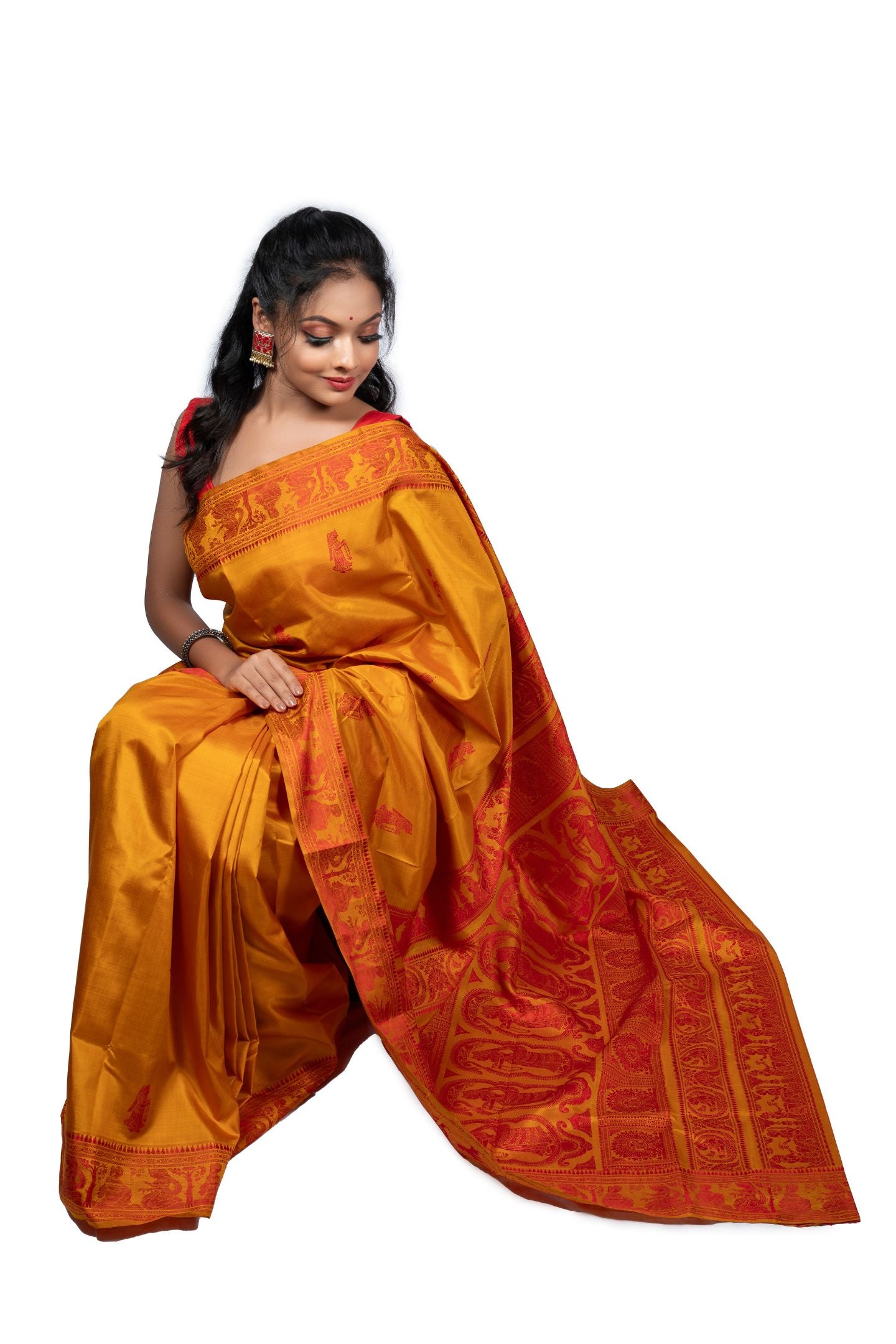 Gold Resham Baluchari Saree With Epic Mythological Figures