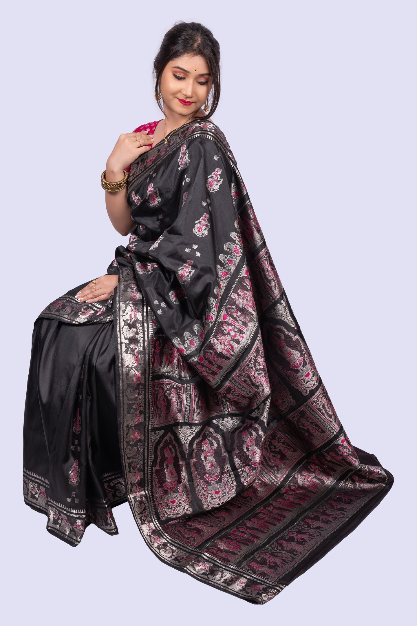 Gold Zari Black Baluchari Saree with Mythological Figures