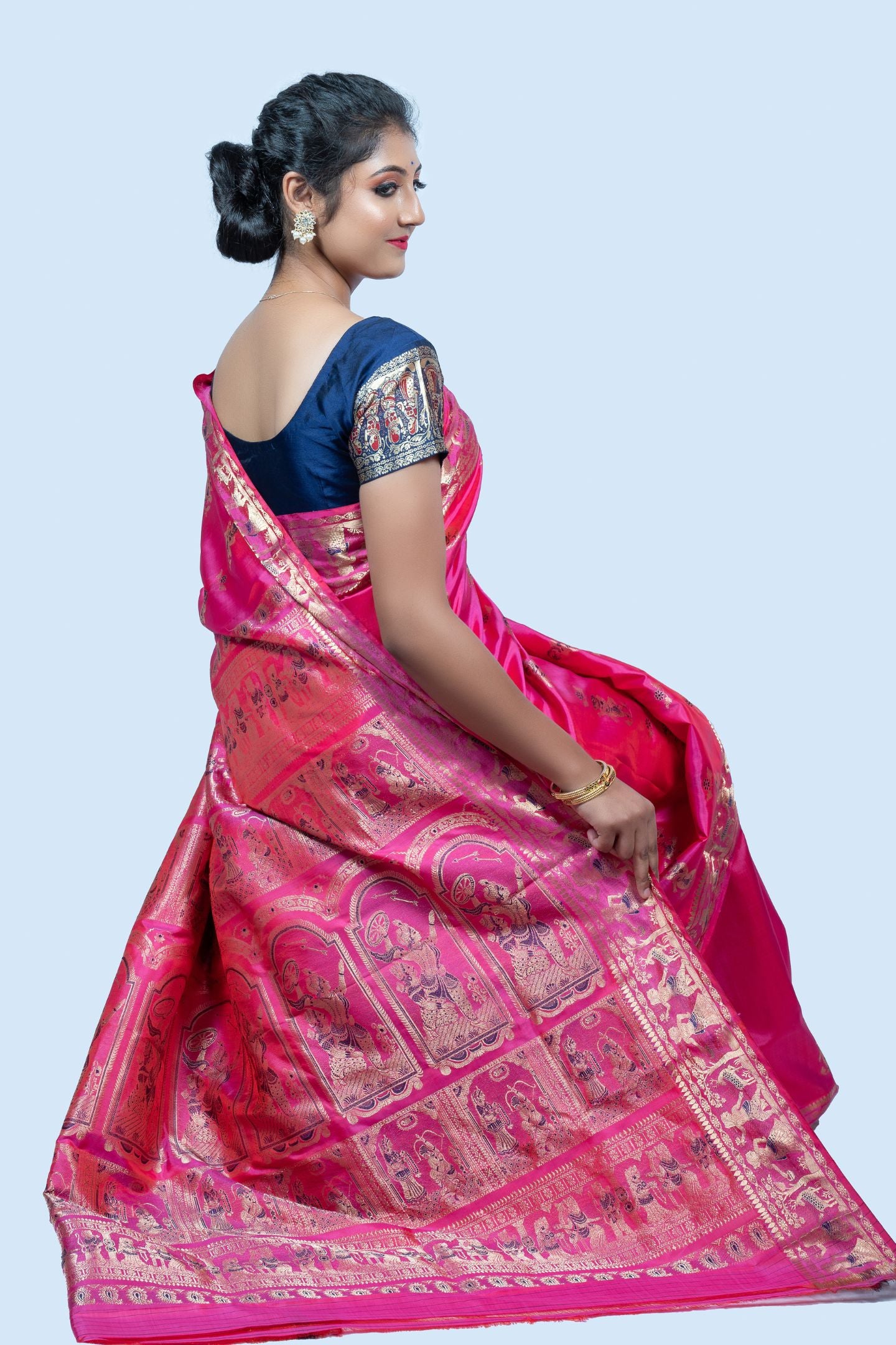 Gold Zari Pink Meena Work Baluchari Saree with Mythological Figures