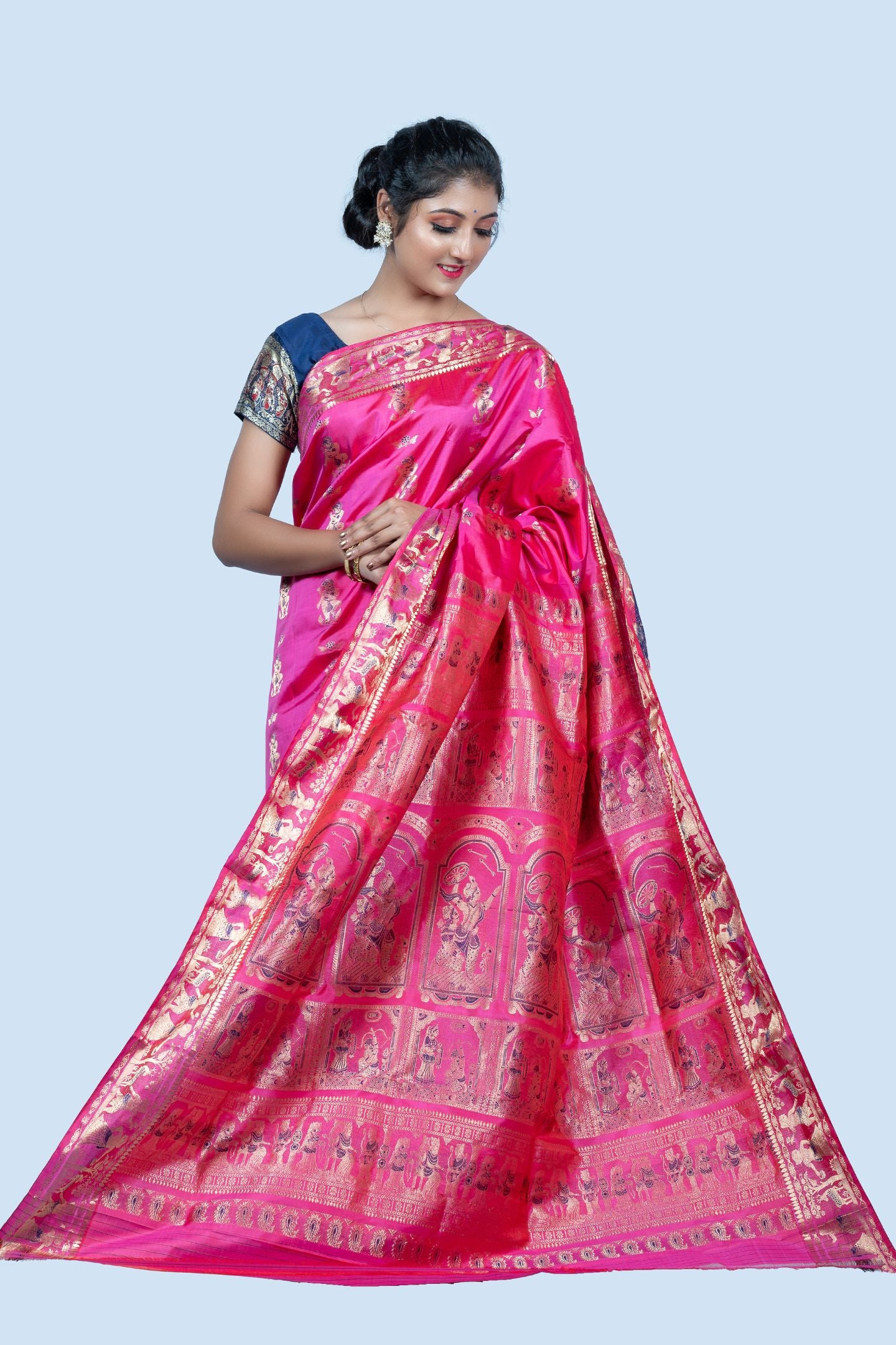 Gold Zari Pink Meena Work Baluchari Saree with Mythological Figures