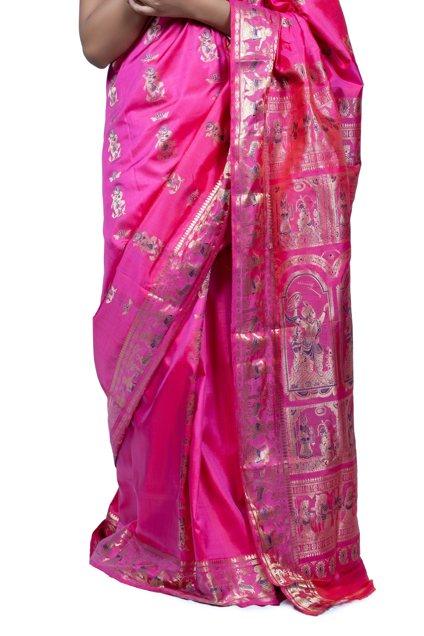 Gold Zari Pink Meena Work Baluchari Saree with Mythological Figures
