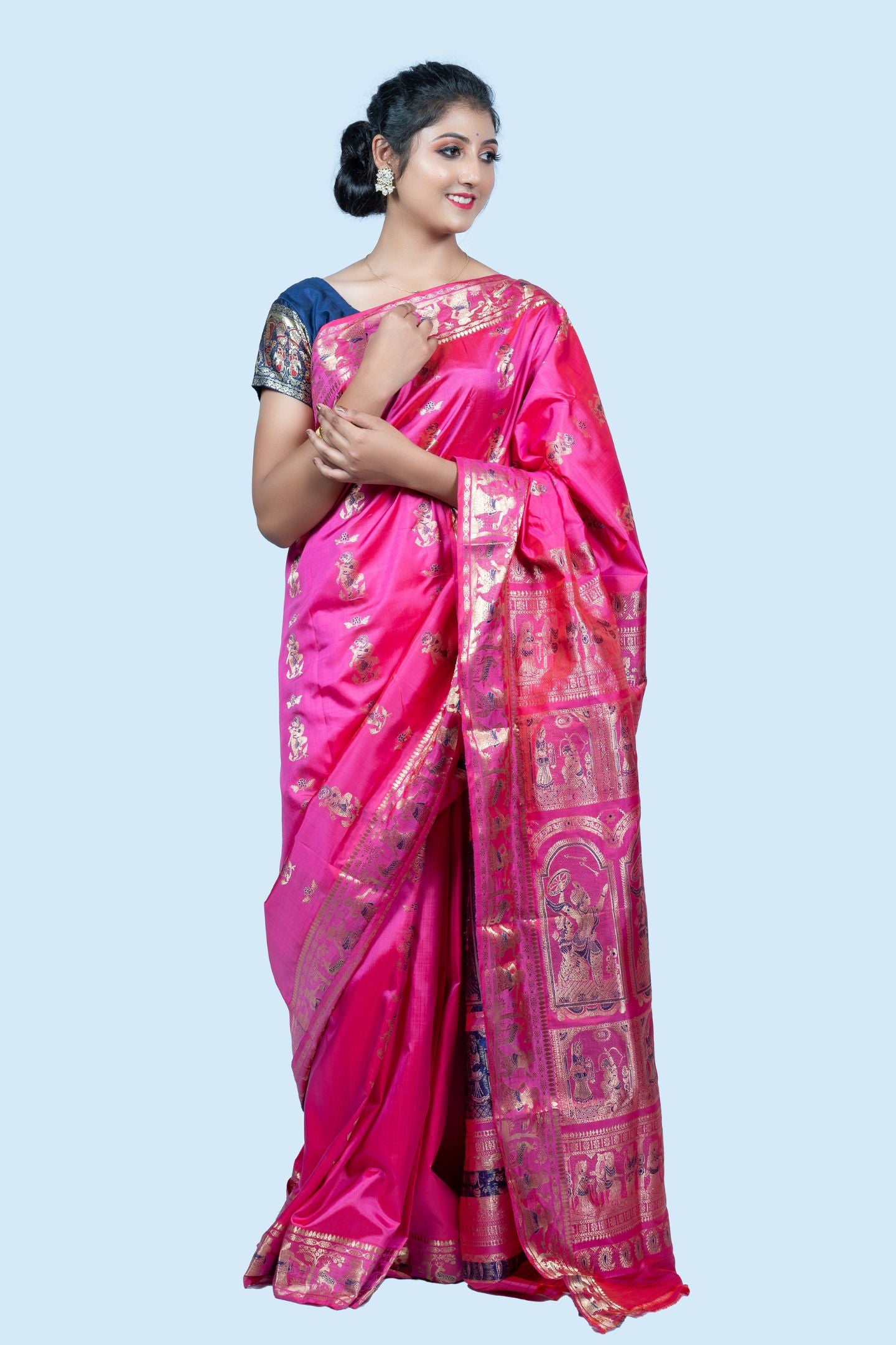 Gold Zari Pink Meena Work Baluchari Saree with Mythological Figures