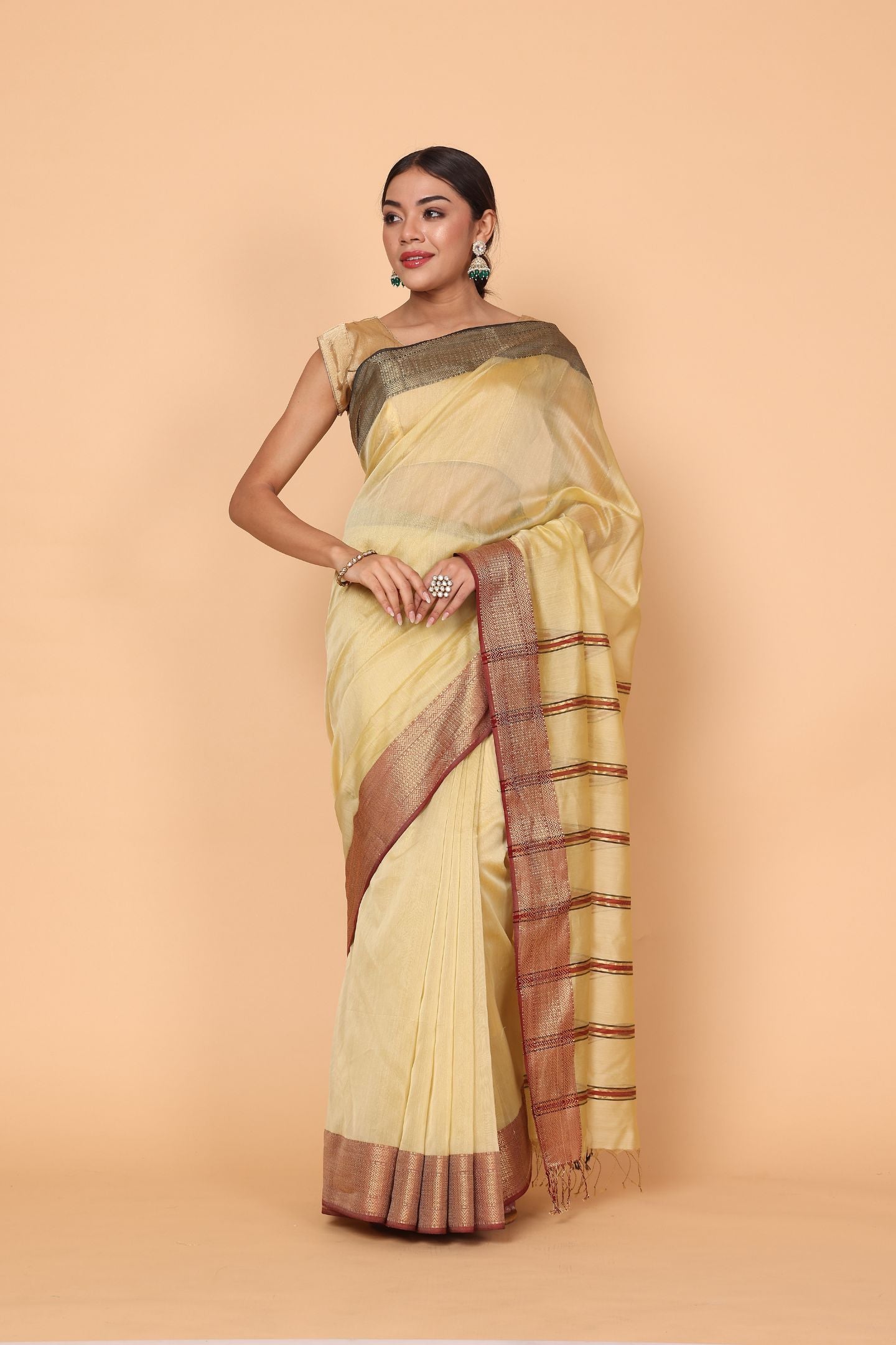 Golden Petal Cotton and Silk Maheshwari Handloom Saree