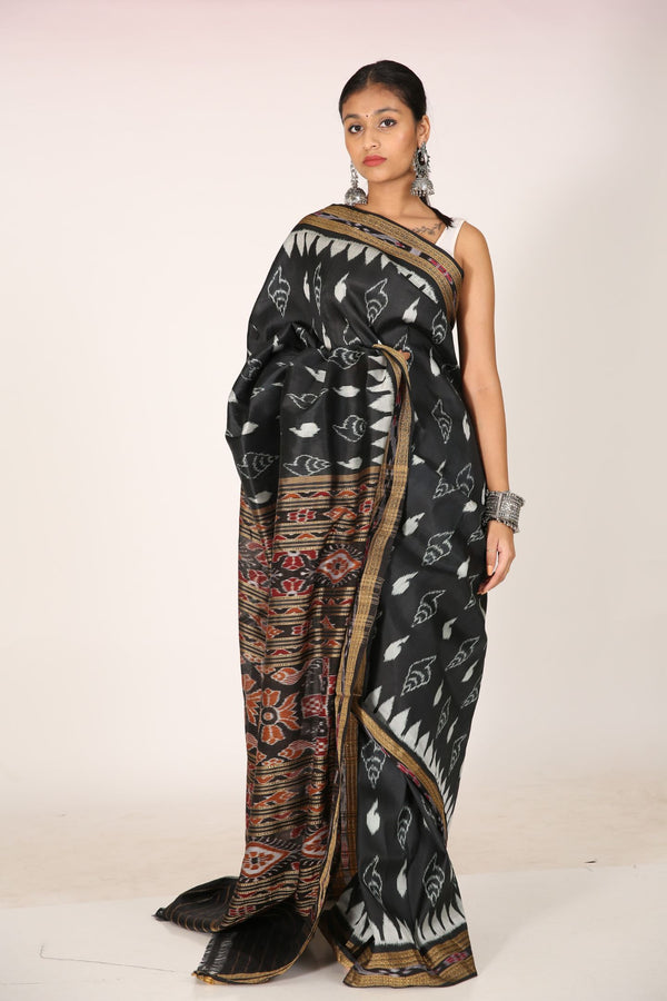 Handloom Black Ikat Silk Saree with Sankha Design