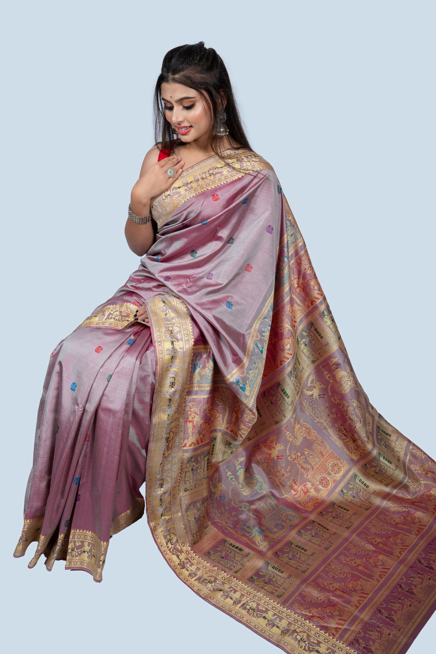 Light Mauve Golani Buti Baluchari Saree with Mythological Figures & Extra Weft