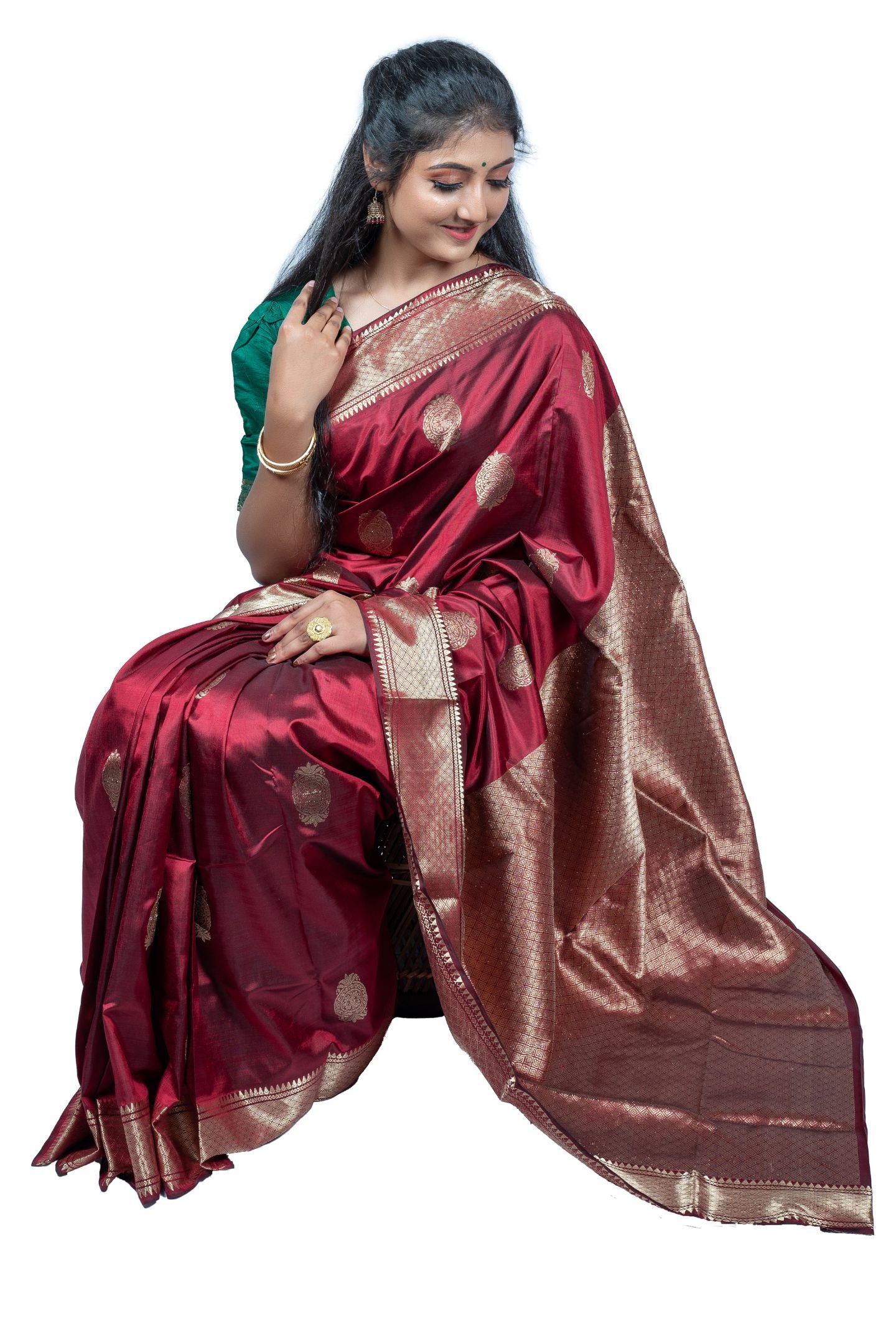 Majestic Maroon Silver Zari Baluchari Saree with Buti and Bhavagiri Motif