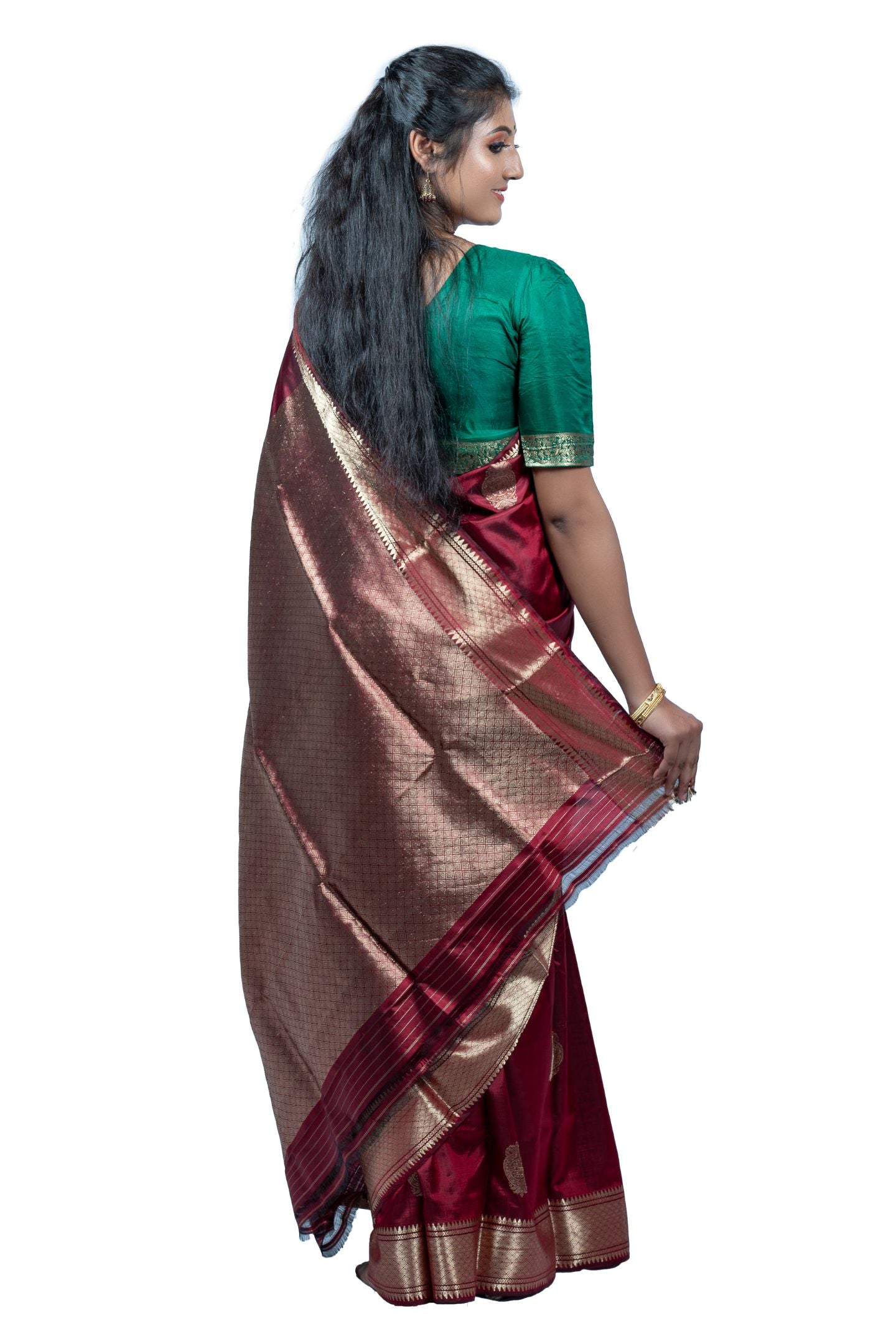 Majestic Maroon Silver Zari Baluchari Saree with Buti and Bhavagiri Motif