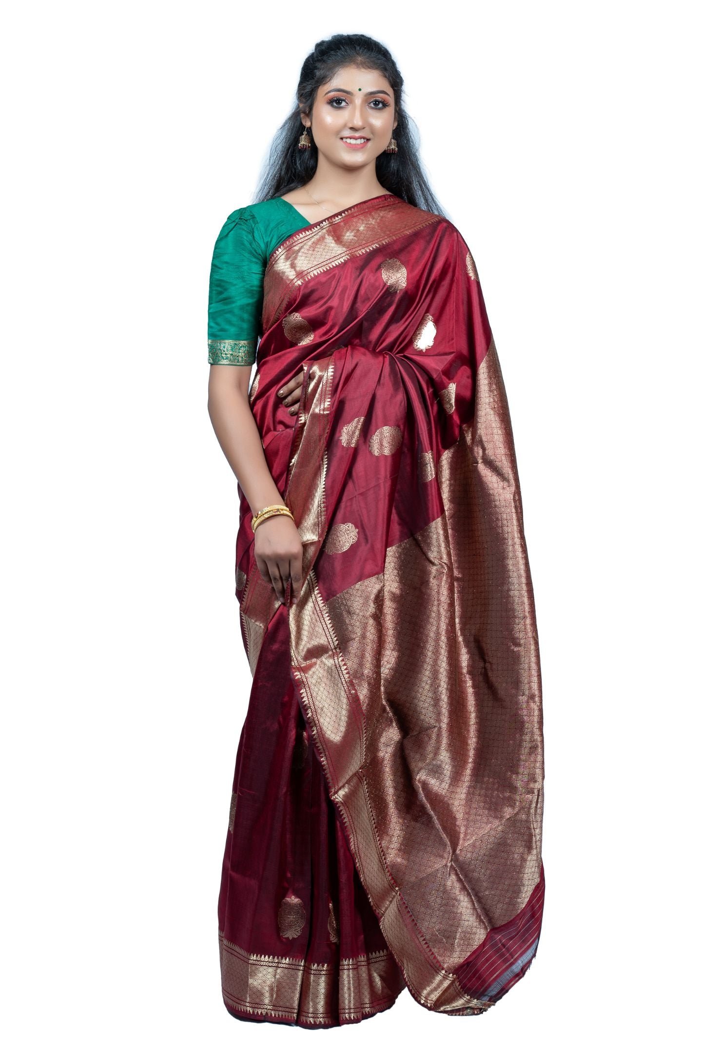 Majestic Maroon Silver Zari Baluchari Saree with Buti and Bhavagiri Motif