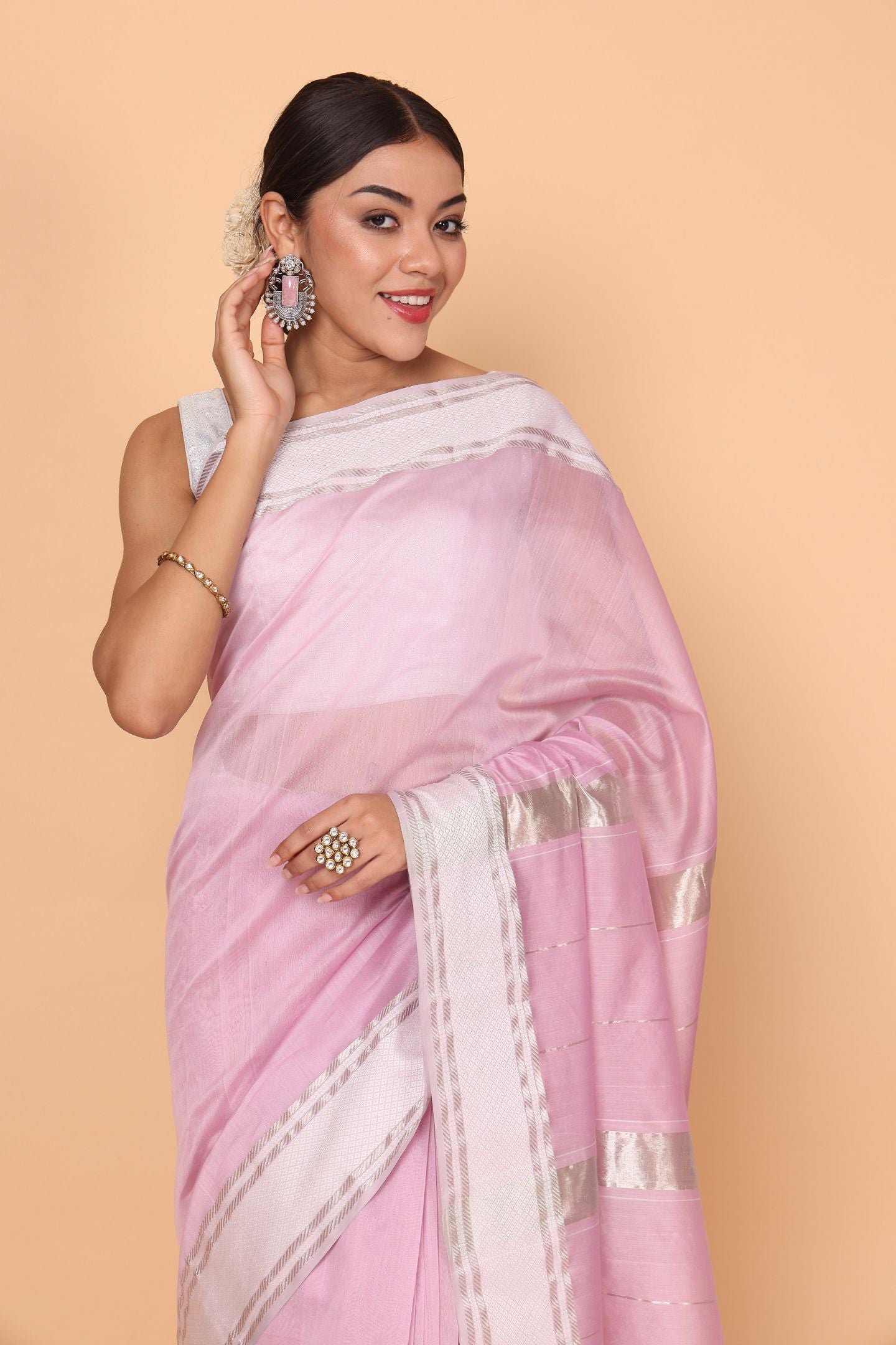 Petal Blush Baby Pink Cotton and Silk Maheshwari Handloom Saree