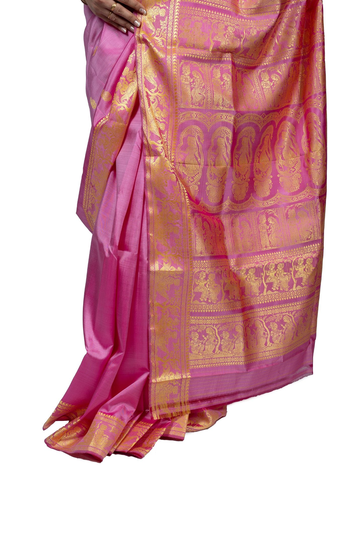Pink Resham Baluchari Saree With Ancient Epics Figure Motif