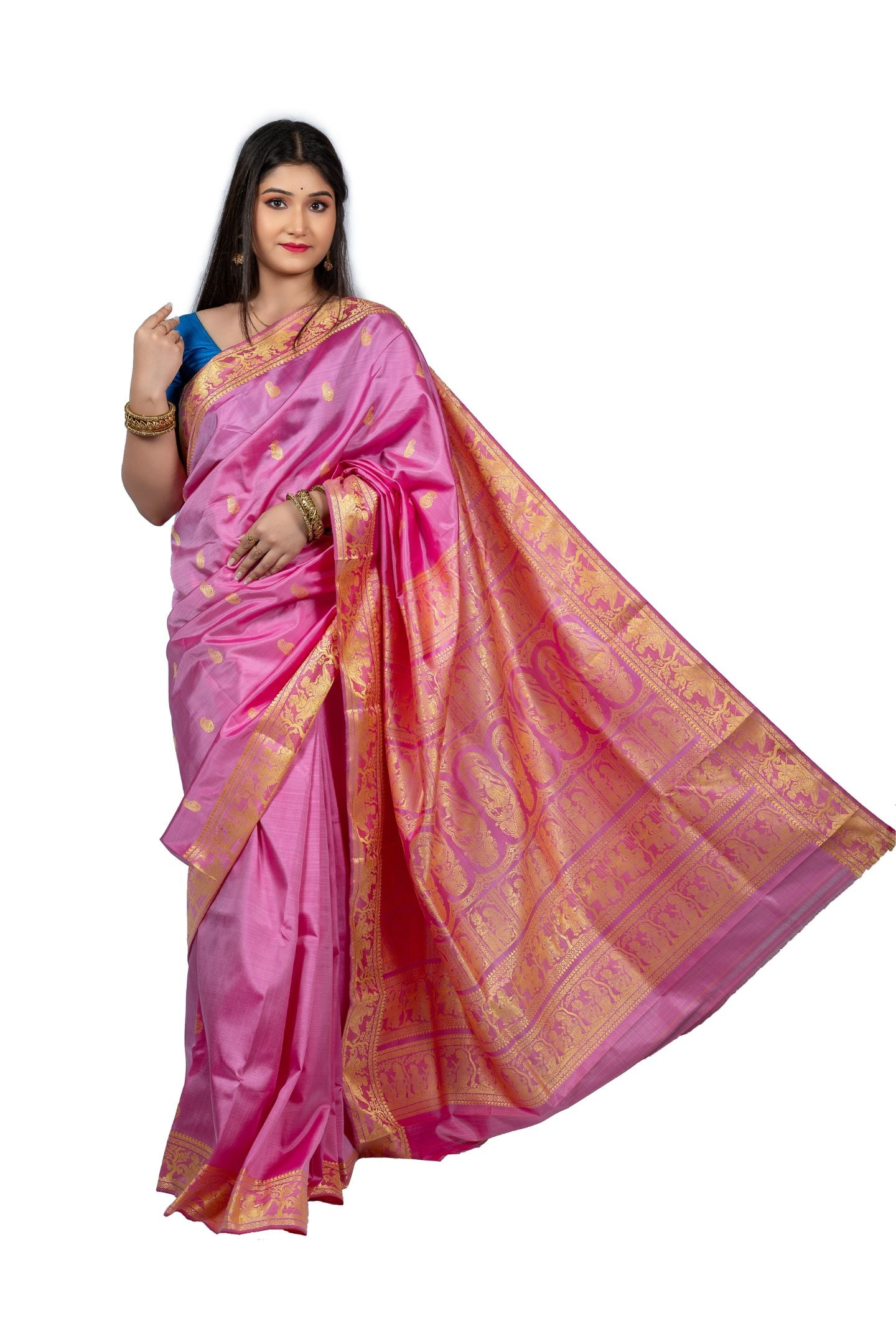 Pink Resham Baluchari Saree With Ancient Epics Figure Motif