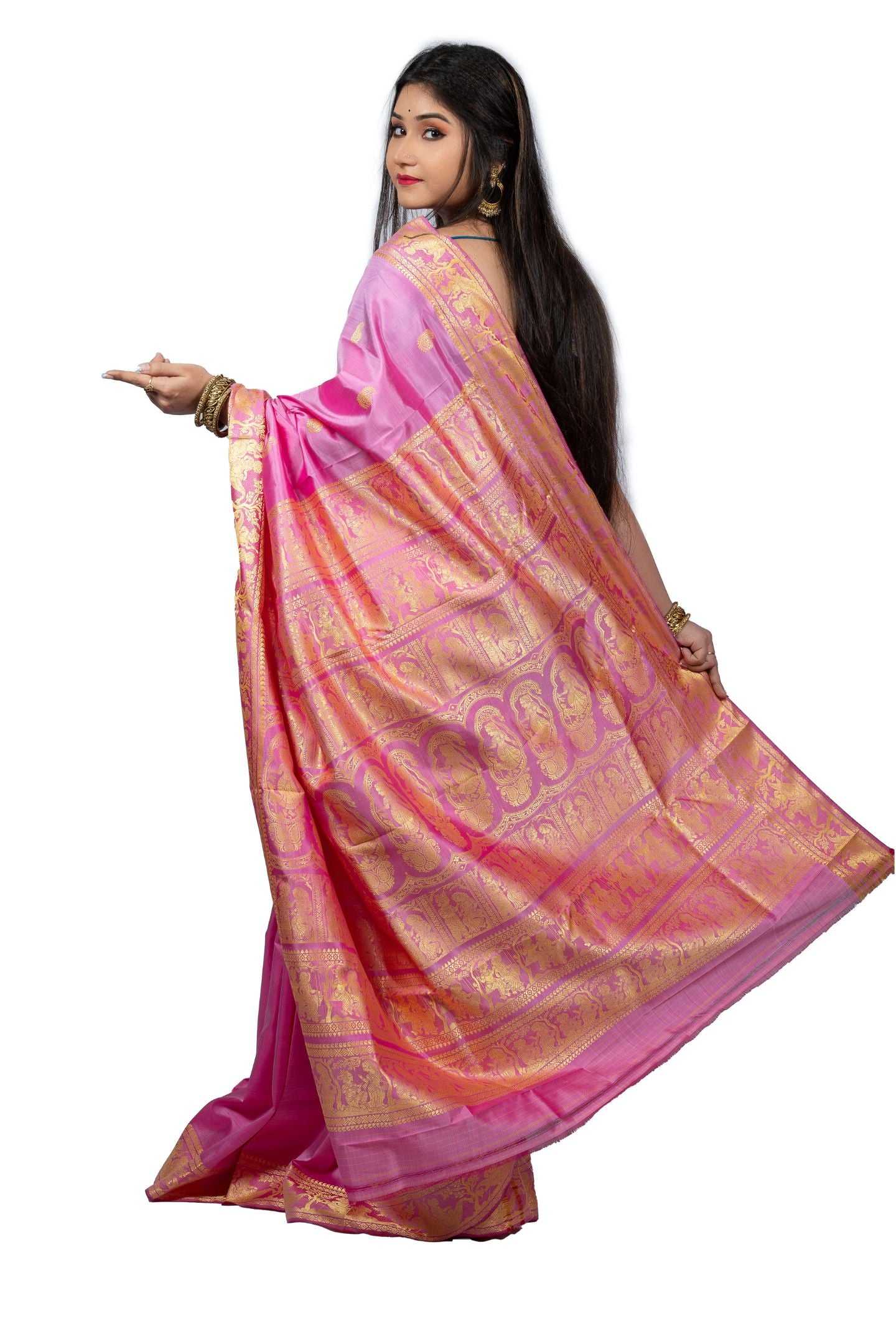 Pink Resham Baluchari Saree With Ancient Epics Figure Motif