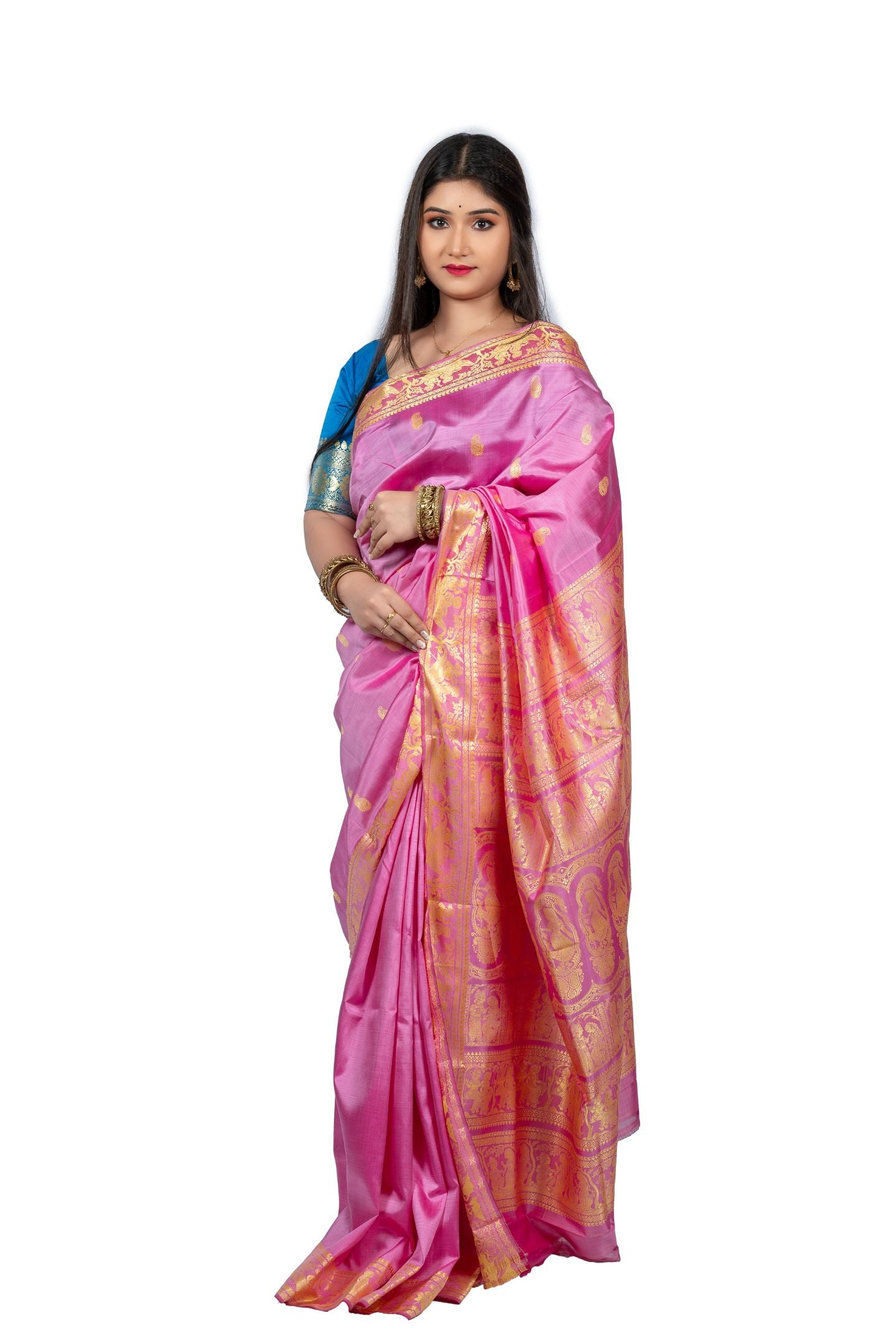 Pink Resham Baluchari Saree With Ancient Epics Figure Motif