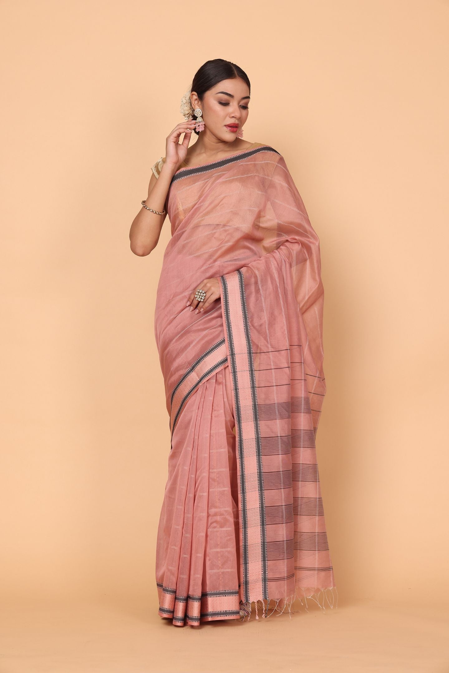 Pink Rose Cotton and Silk Maheshwari Handloom Saree
