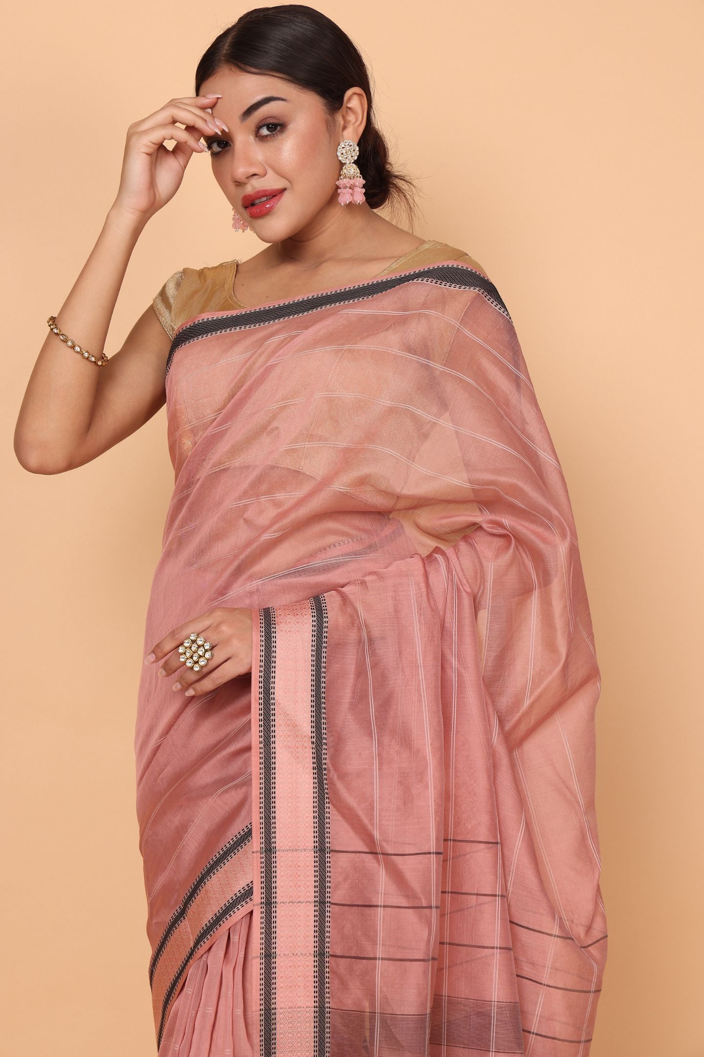 Pink Rose Cotton and Silk Maheshwari Handloom Saree