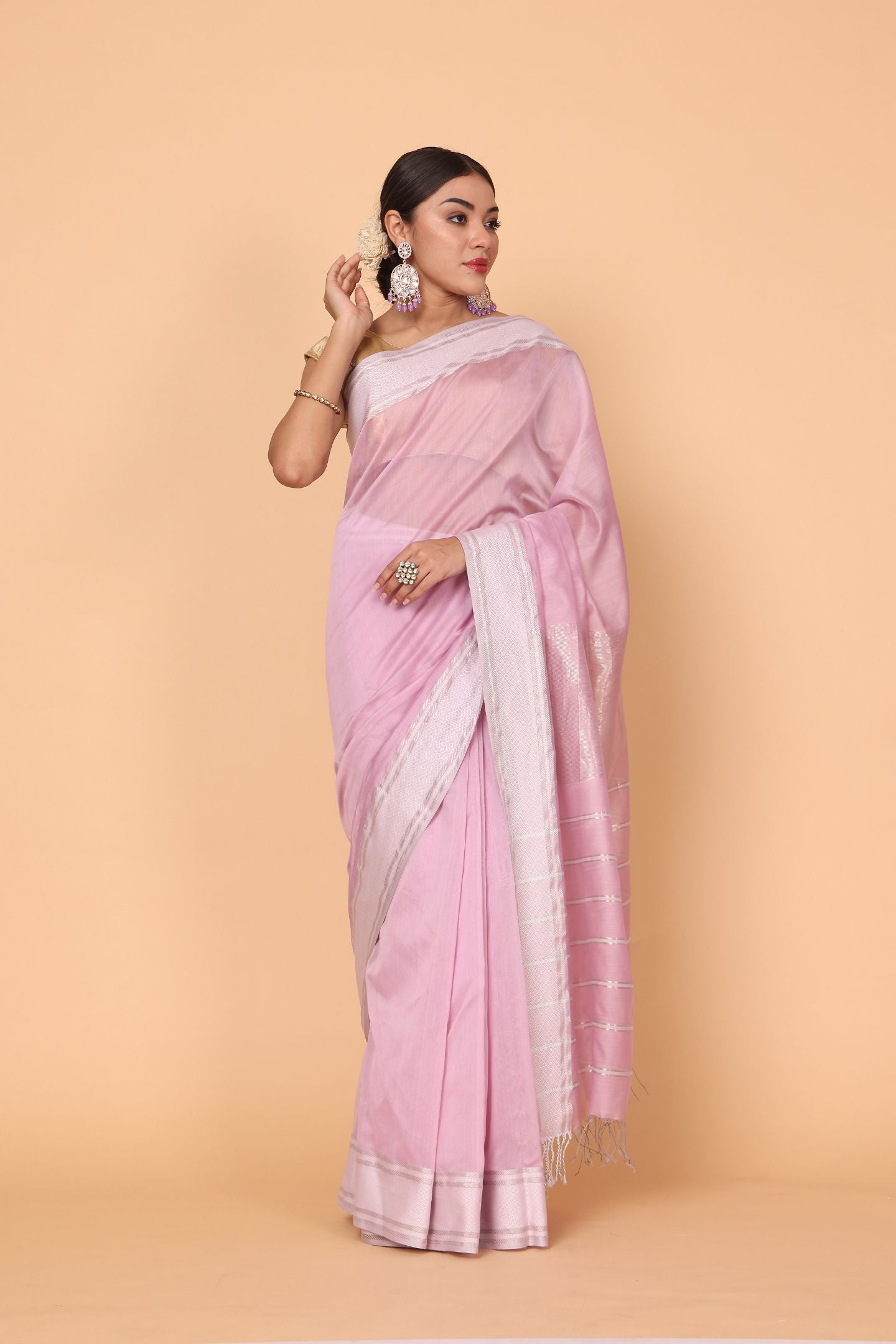 Pink Rosy Bloom Cotton and Silk Maheshwari Handloom Saree