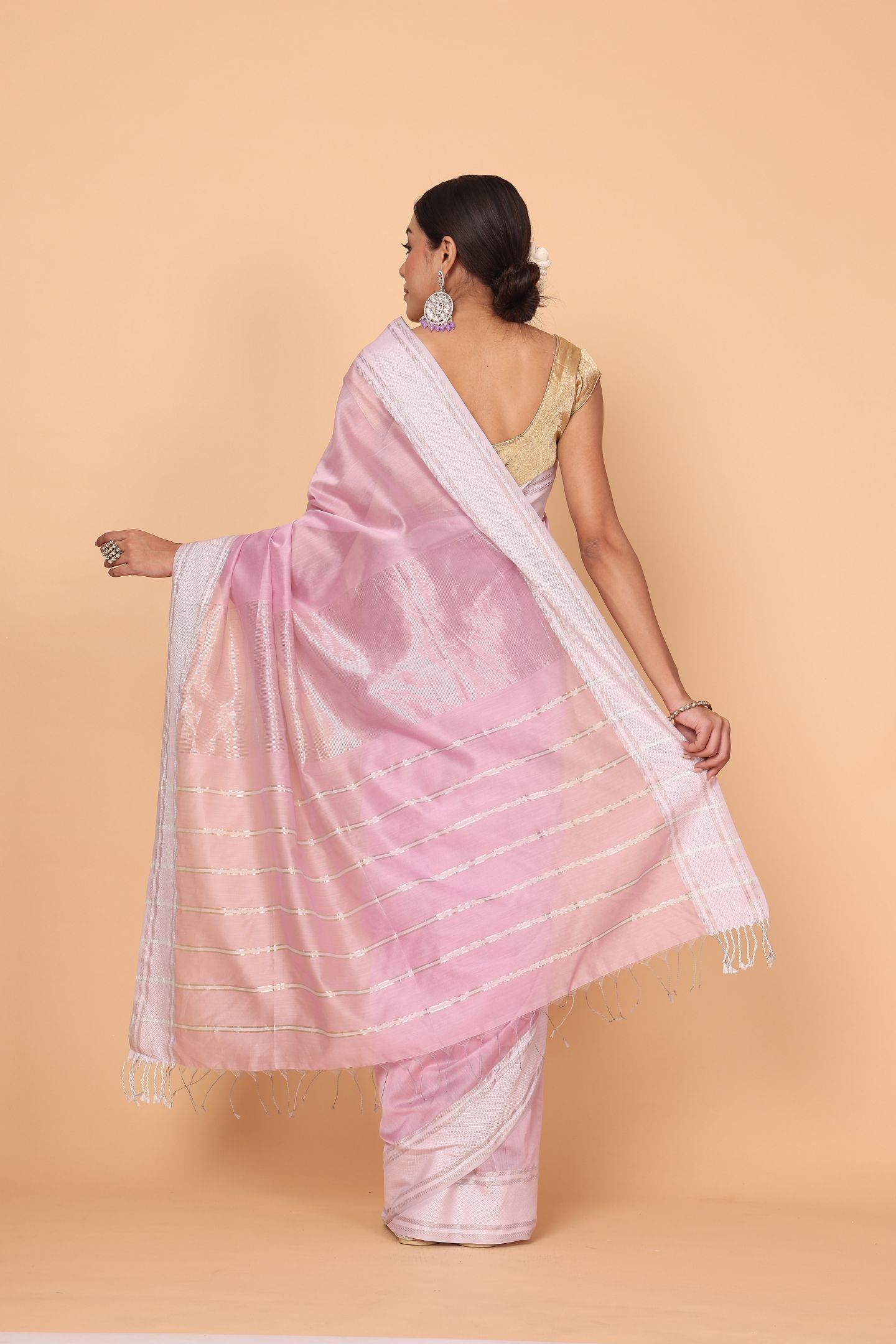 Pink Rosy Bloom Cotton and Silk Maheshwari Handloom Saree