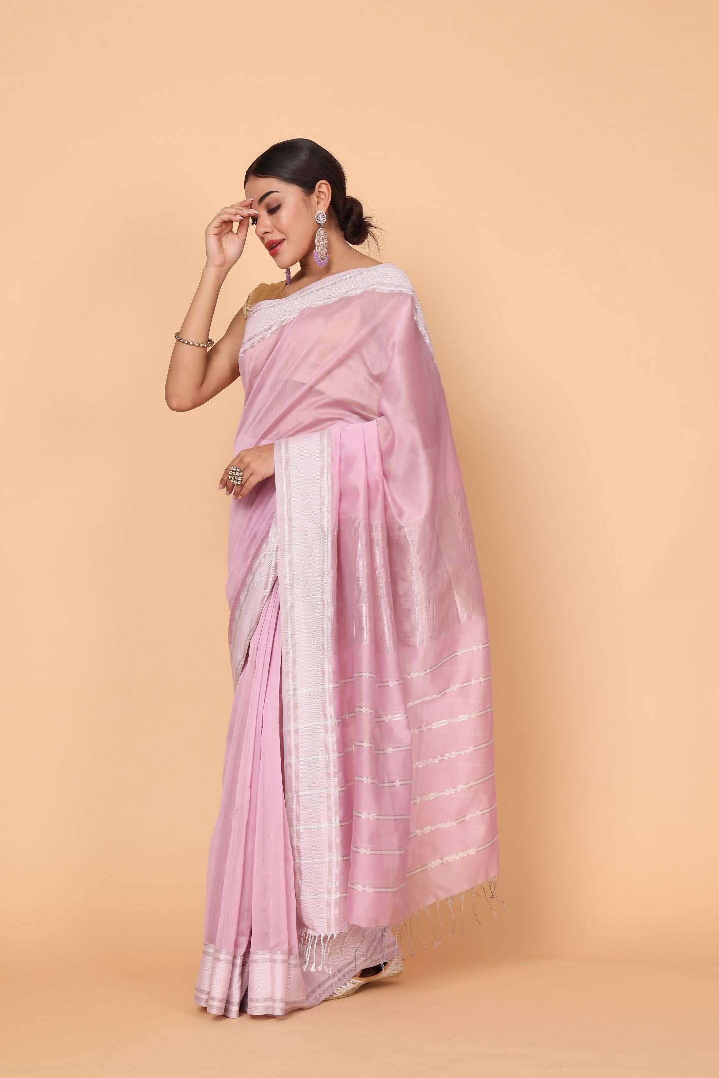Pink Rosy Bloom Cotton and Silk Maheshwari Handloom Saree