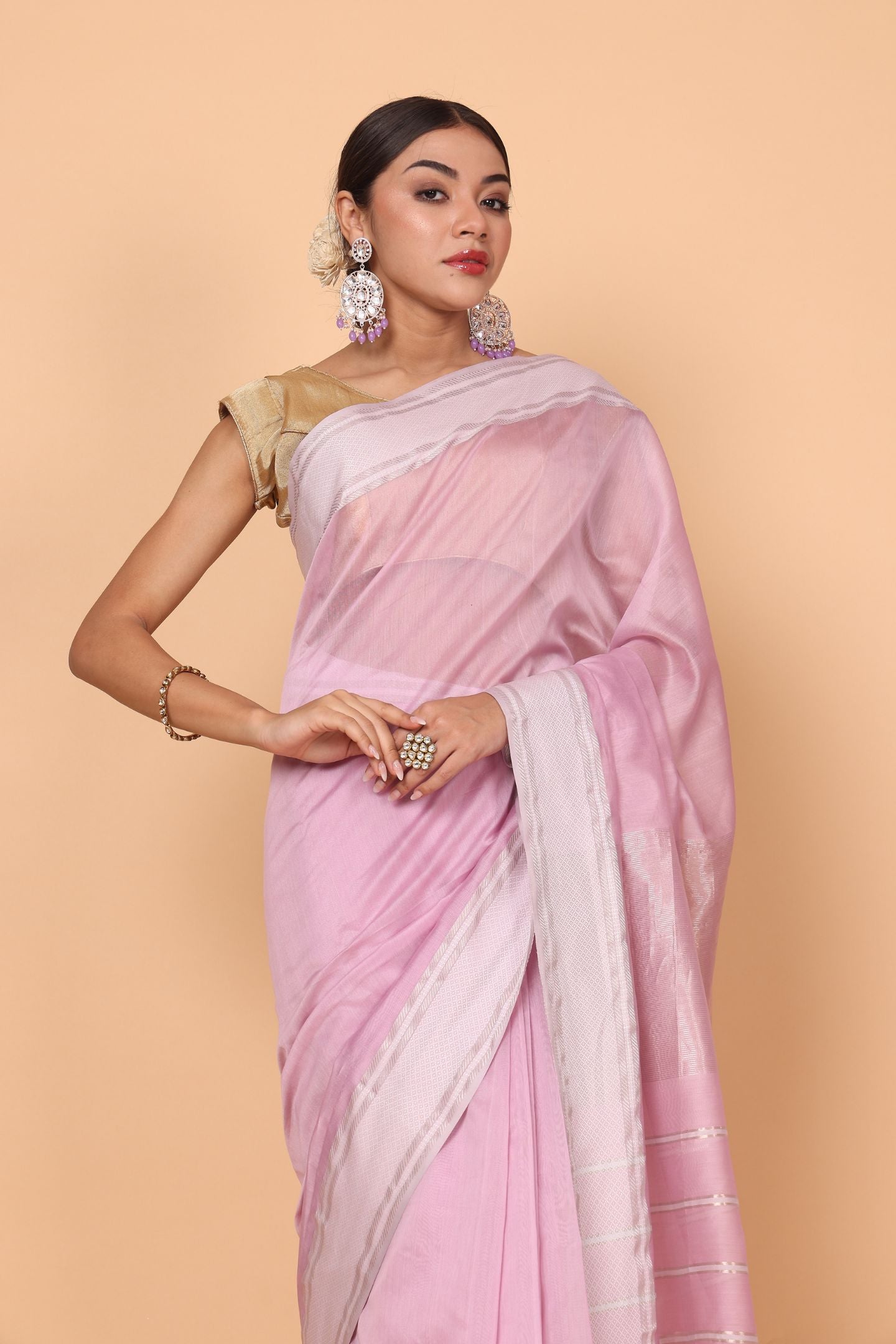 Pink Rosy Bloom Cotton and Silk Maheshwari Handloom Saree