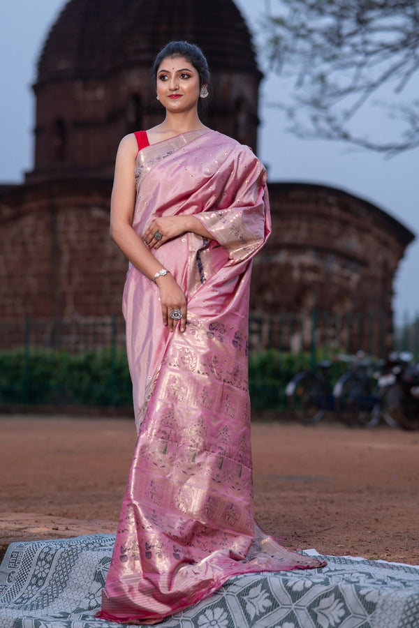 Pure Silk Blossom Baluchari Saree with Mythological Figures and Buti Work
