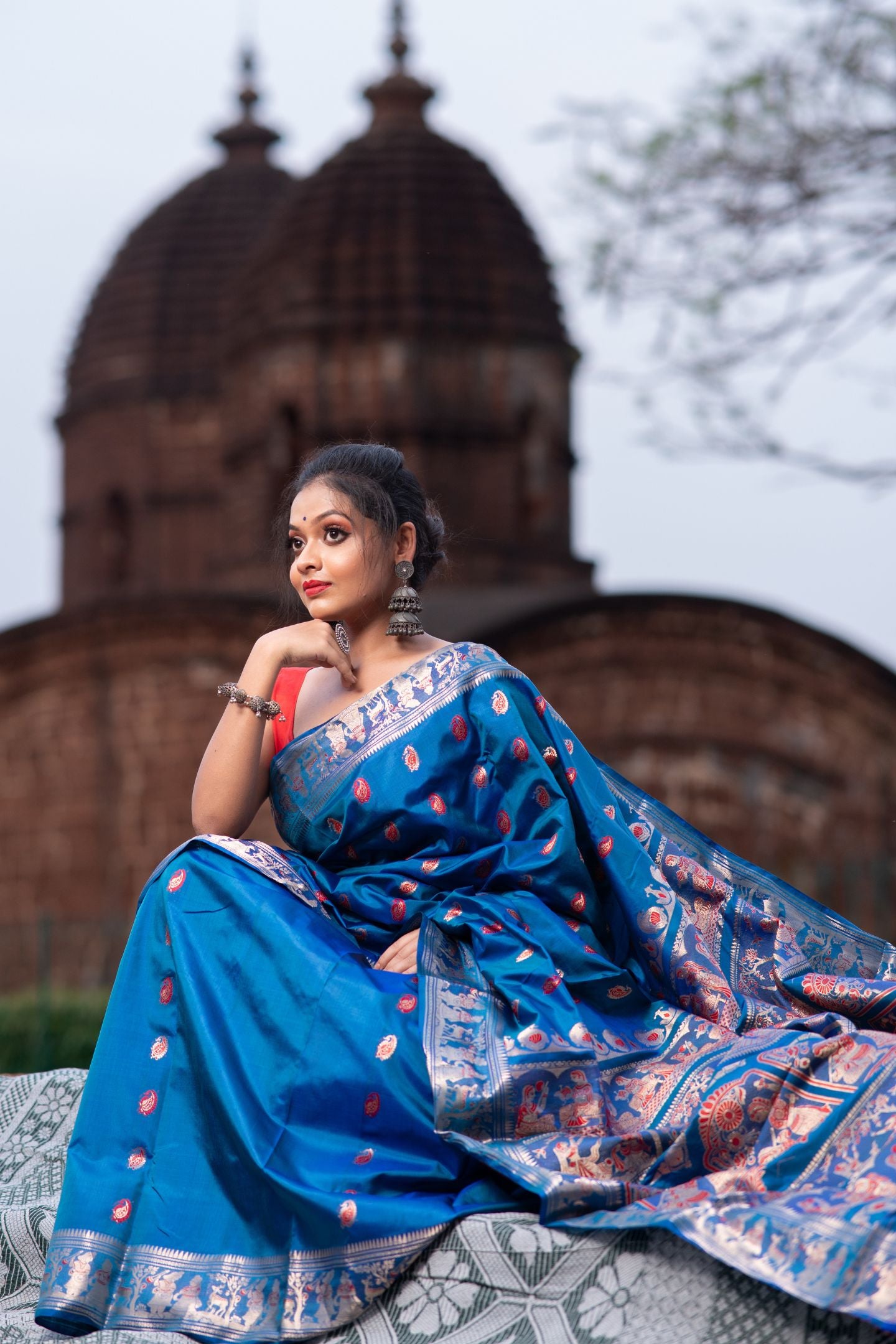 Pure Silk Blue Baluchari Saree with Mythological Figures and Buti Work