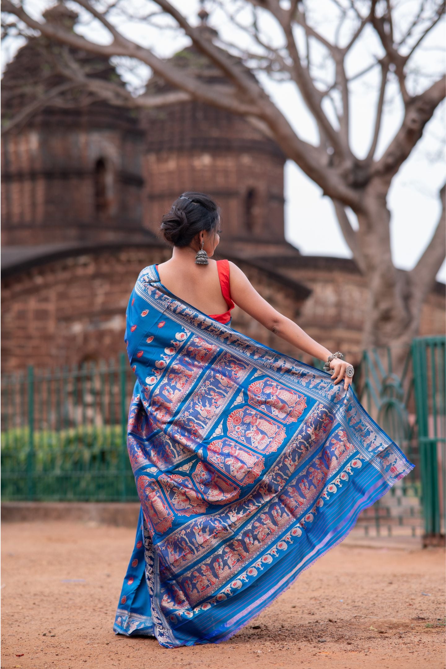 Pure Silk Blue Baluchari Saree with Mythological Figures and Buti Work