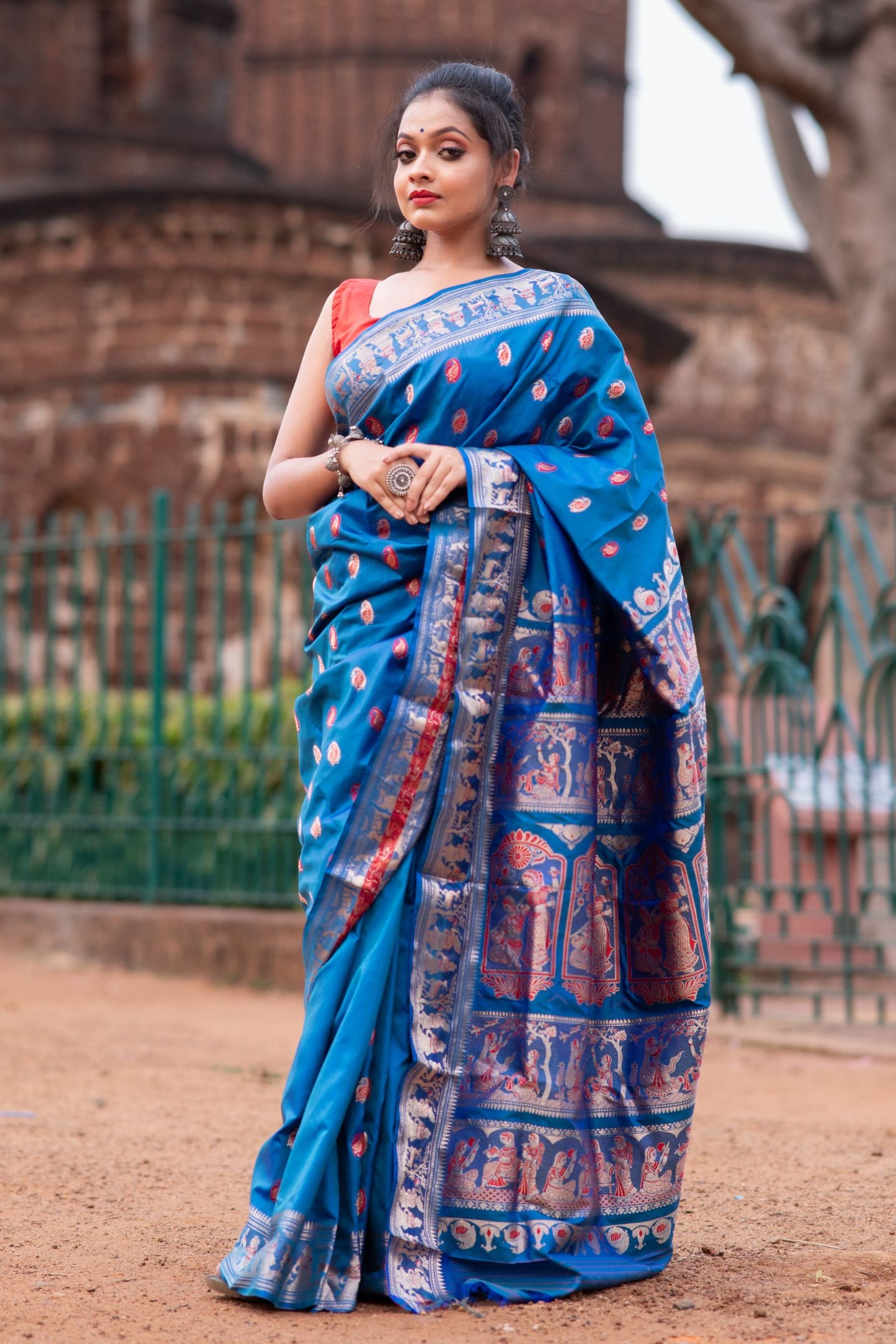 Pure Silk Blue Baluchari Saree with Mythological Figures and Buti Work