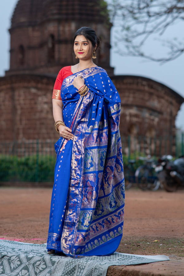 Pure Silk Blue Baluchari Saree with Mythological Figures and Buti Work