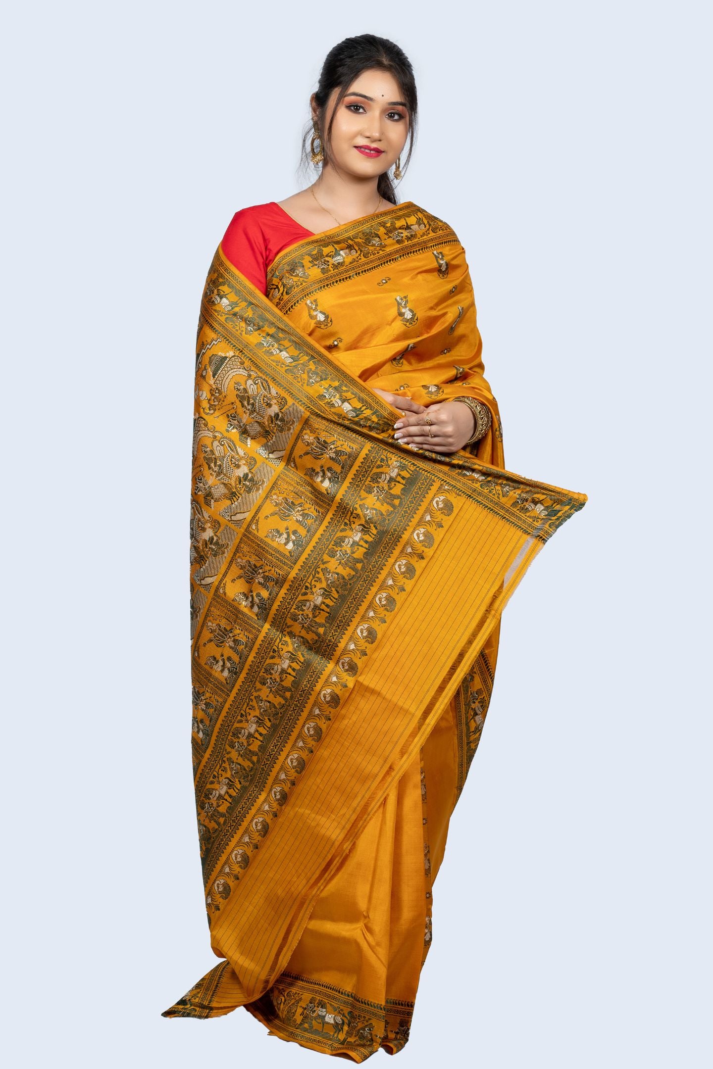 Pure Silk Gold Baluchari Saree with Mythological Figures