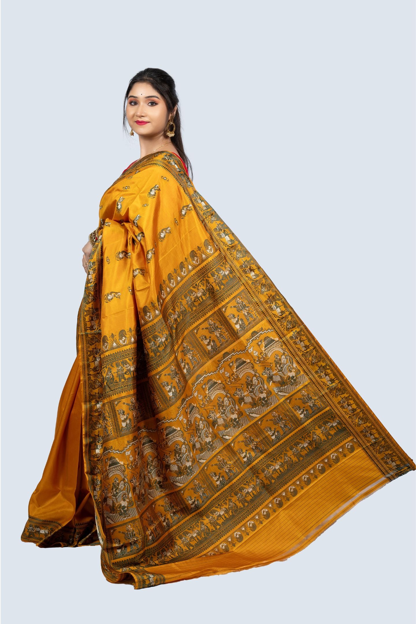 Pure Silk Gold Baluchari Saree with Mythological Figures