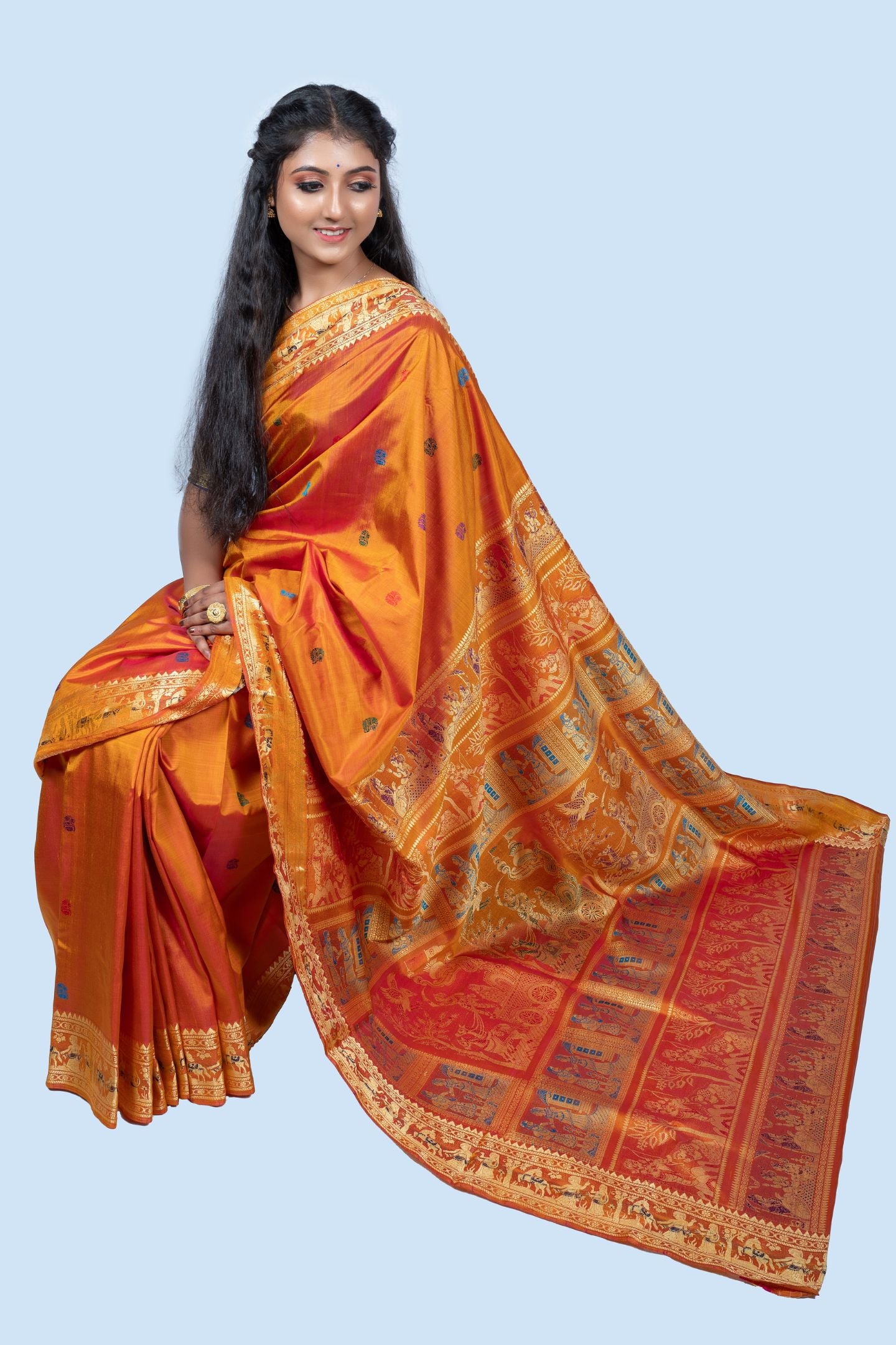 Radiant Gold Golani Buti Baluchari Saree with Mythological Figures & Extra Weft Elegance