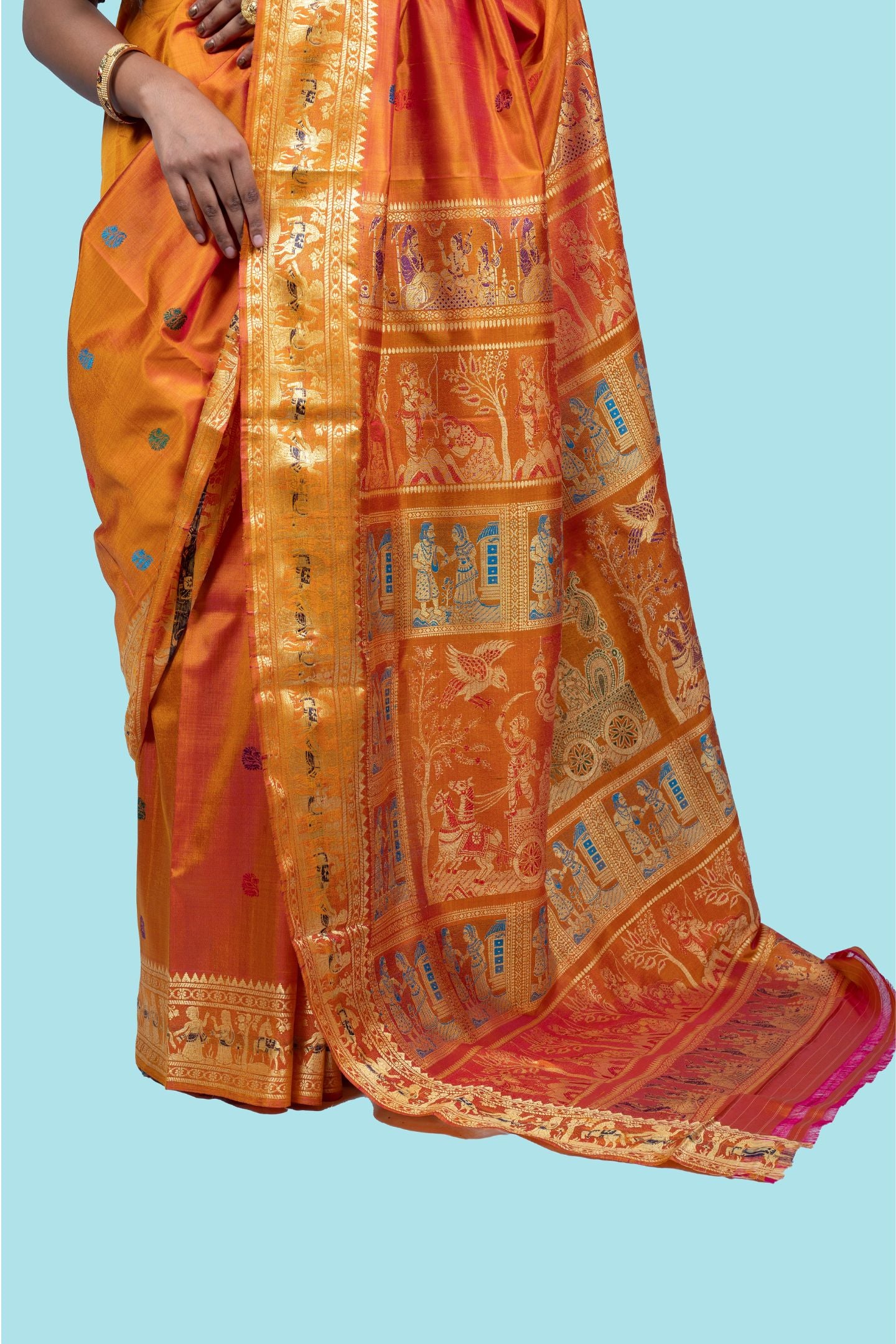 Radiant Gold Golani Buti Baluchari Saree with Mythological Figures & Extra Weft Elegance
