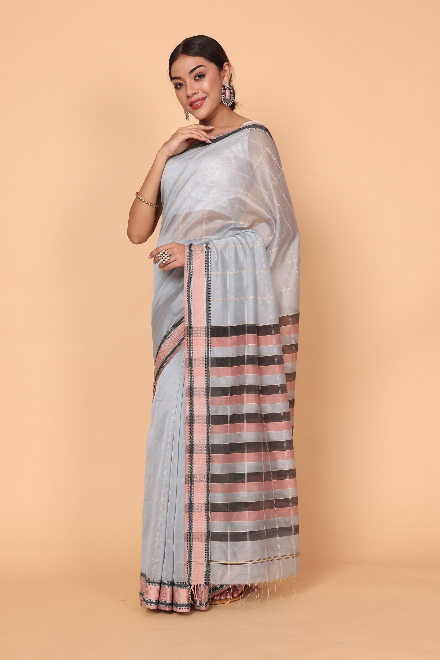 Serene Glow Silver Sand Cotton and Silk Maheshwari Handloom Saree