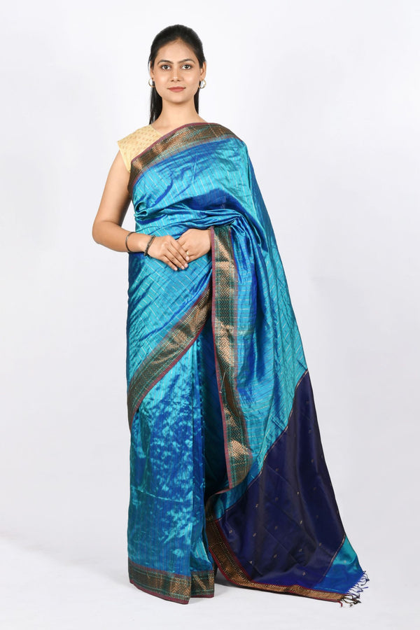 Pure Silk Handwoven Royal Blue Maheshwari Saree with Zari Stripes and Buti Work on pallu