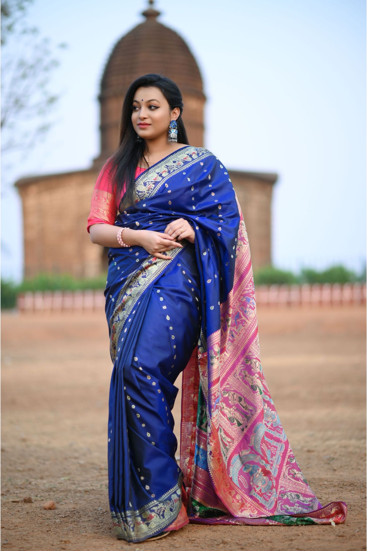 Navy Blue & Maroon 1000 Buti Triple Meena Baluchari Saree