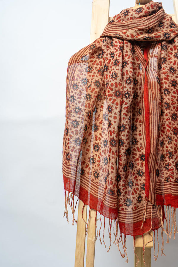 Handwoven Stole with Floral Patterns, Crafted Using Natural Dyes and Striped Borders