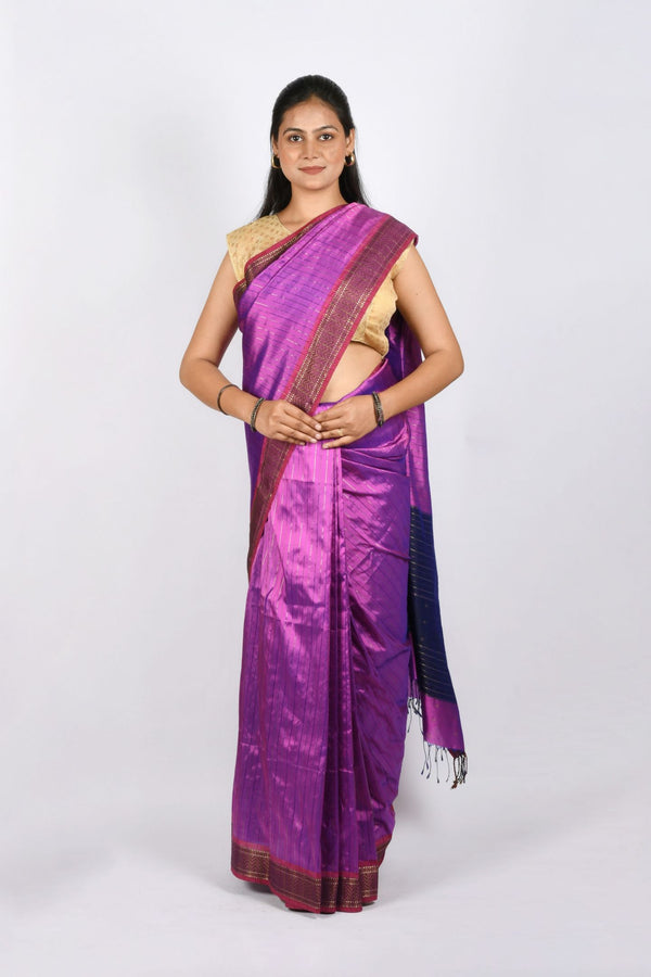 Purple Pure Silk with Blue Pallu and Zari Work Border Maheshwari Handloom Saree with Included Blouse