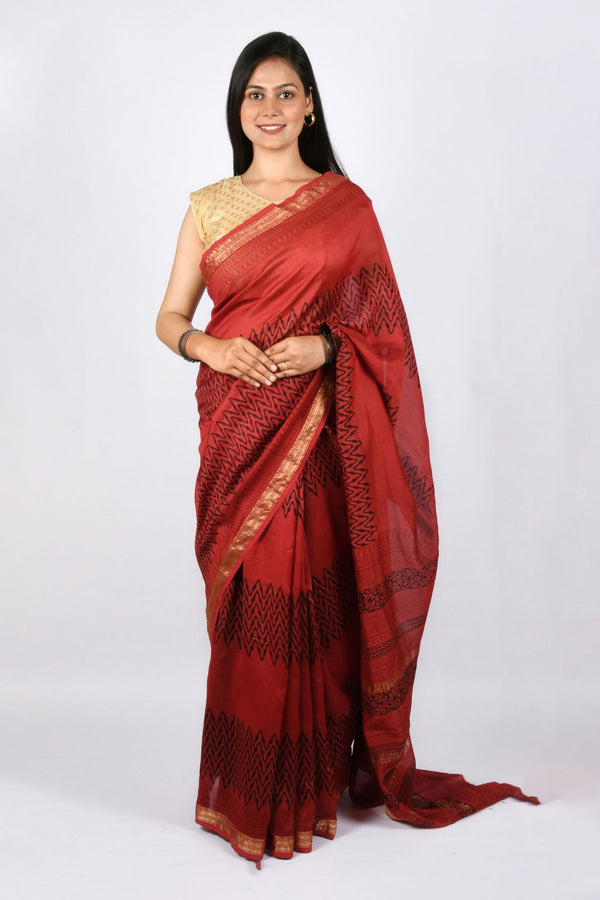 Maheshwari Bagh Print Dark Pastel Red Cotton & Silk Handloom Saree