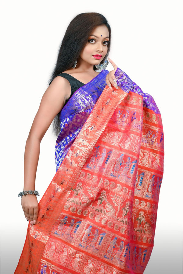 Royal Blue and Orange Handwoven Silk Baluchari saree with Blouse Piece