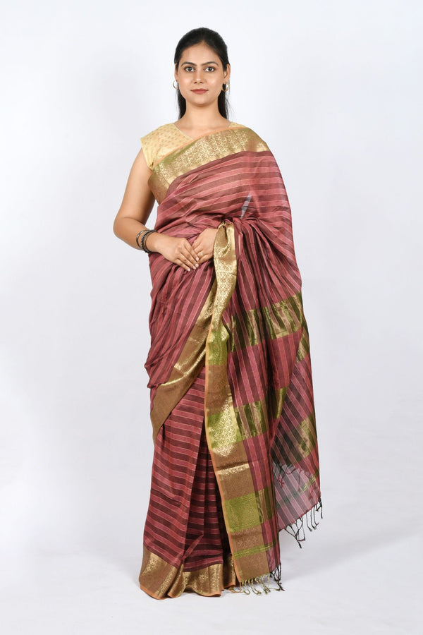 Beautiful Pink Color Pure Cotton and Silk Handloom Maheshwari Saree with Stripes Work on Pallu